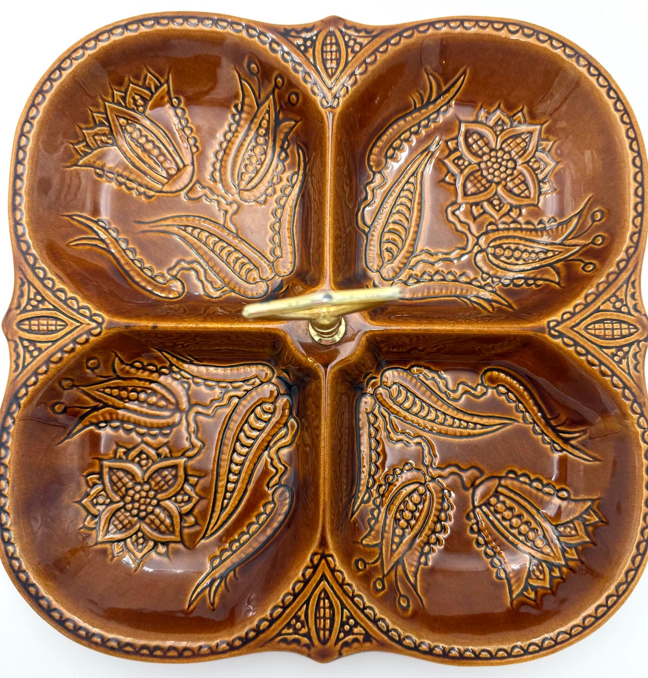 VINTAGE CALIFORNIA POTTERY DIVIDED RELISH TRAY WITH BRASS HANDLE | CALIFORNIA USA NO. 1203