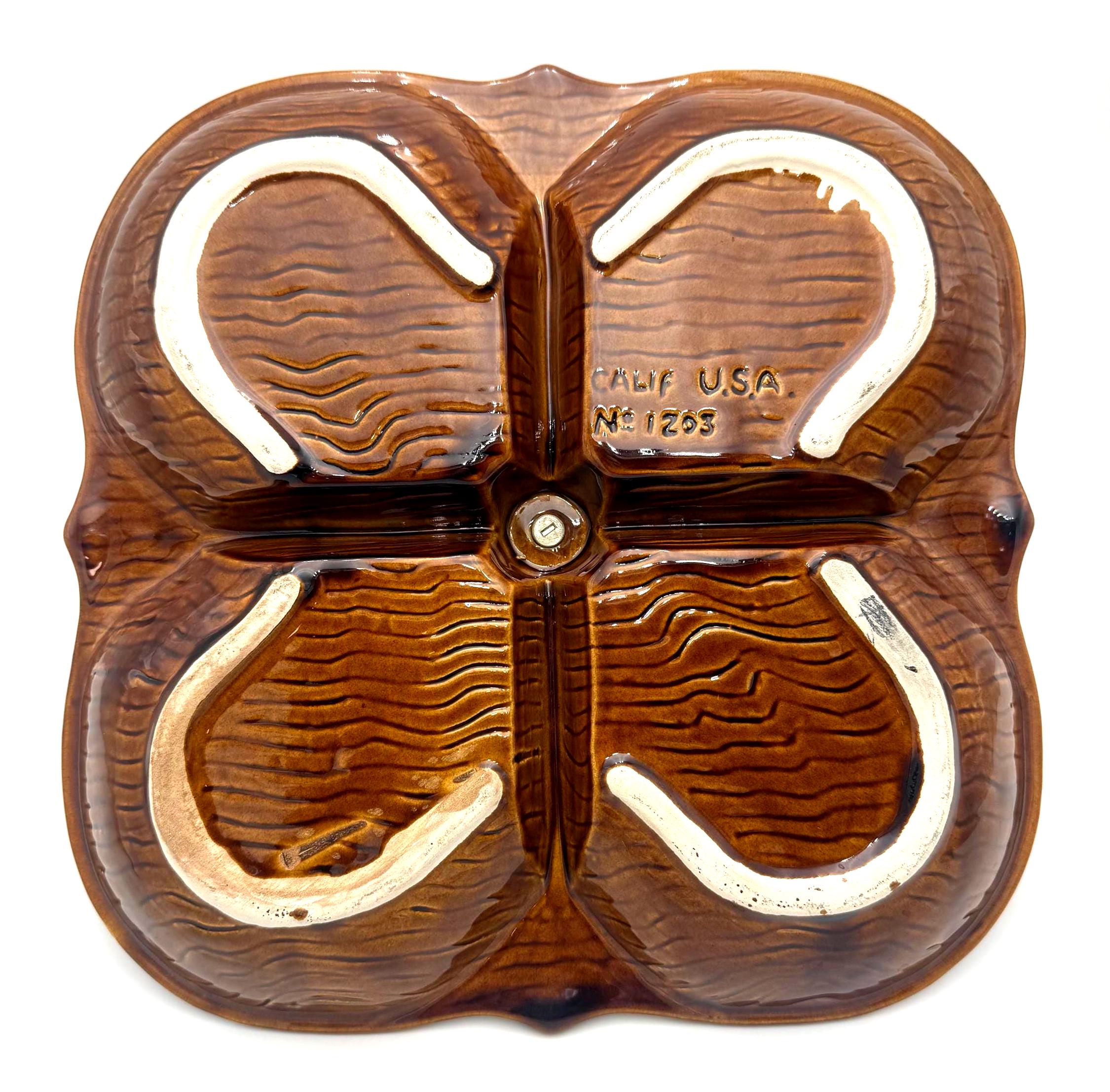 VINTAGE CALIFORNIA POTTERY DIVIDED RELISH TRAY WITH BRASS HANDLE | CALIFORNIA USA NO. 1203