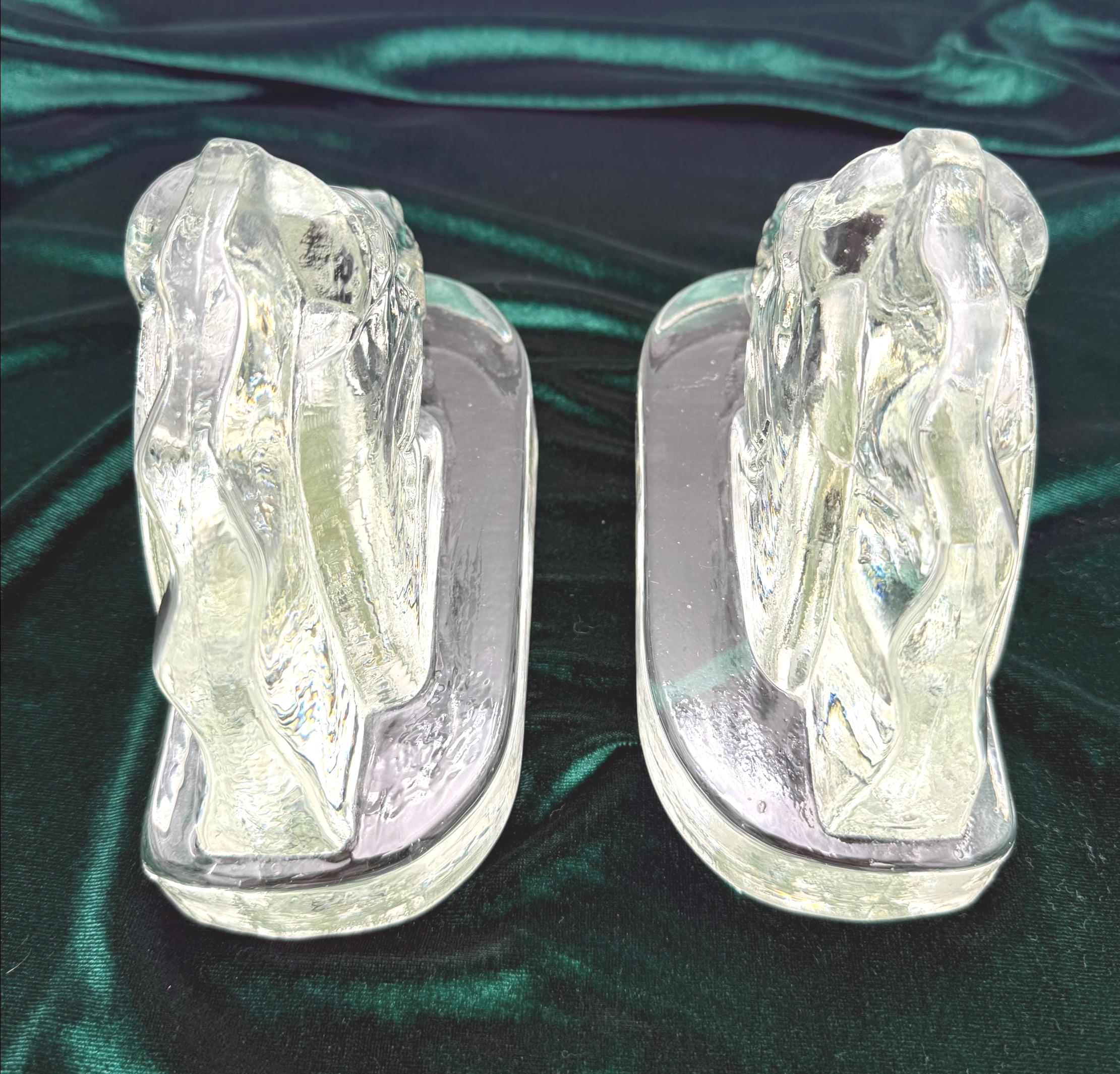 VINTAGE HEAVY CRYSTAL HORSE HEAD BOOKENDS | ART DECO STYLE SCULPTURAL PAIR