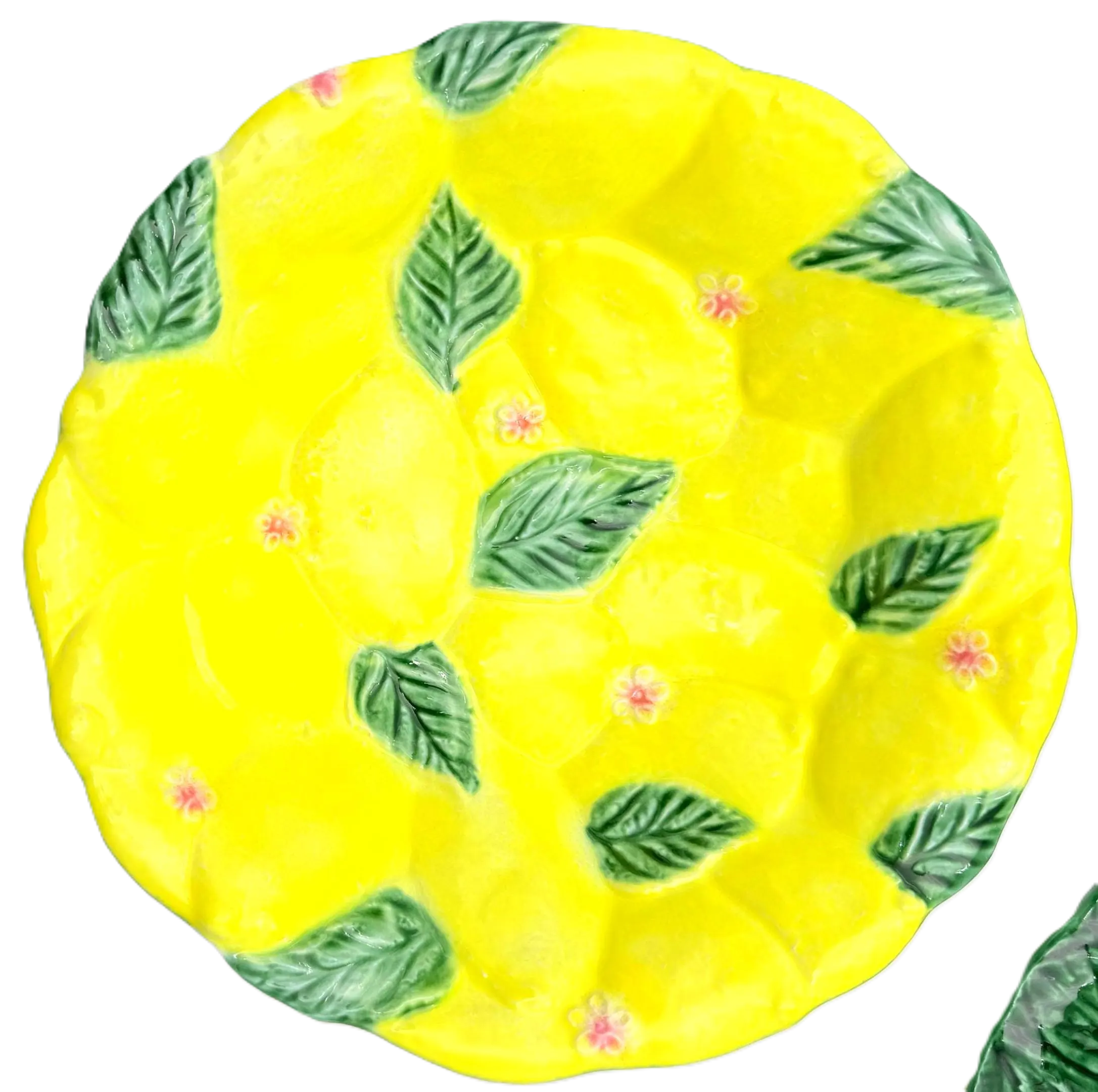 VINTAGE ITALICA ARS ITALIAN MAJOLICA LEMON 3-PIECE SERVING BOWL SET WITH PEDESTAL CENTERPIECE