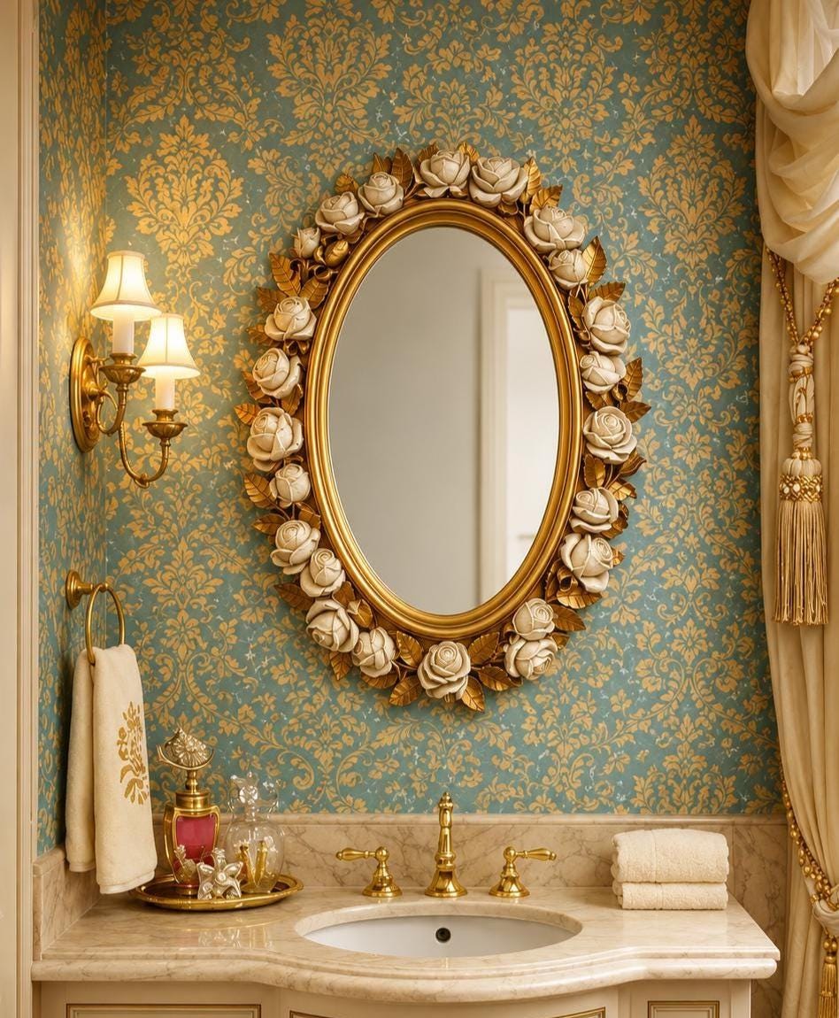 Vintage Hollywood Regency Floral Oval Mirror, Cream Rose Gold Leaf Wall Mirror, Palm Beach Regency Vanity Mirror, Romantic Cottage Decor