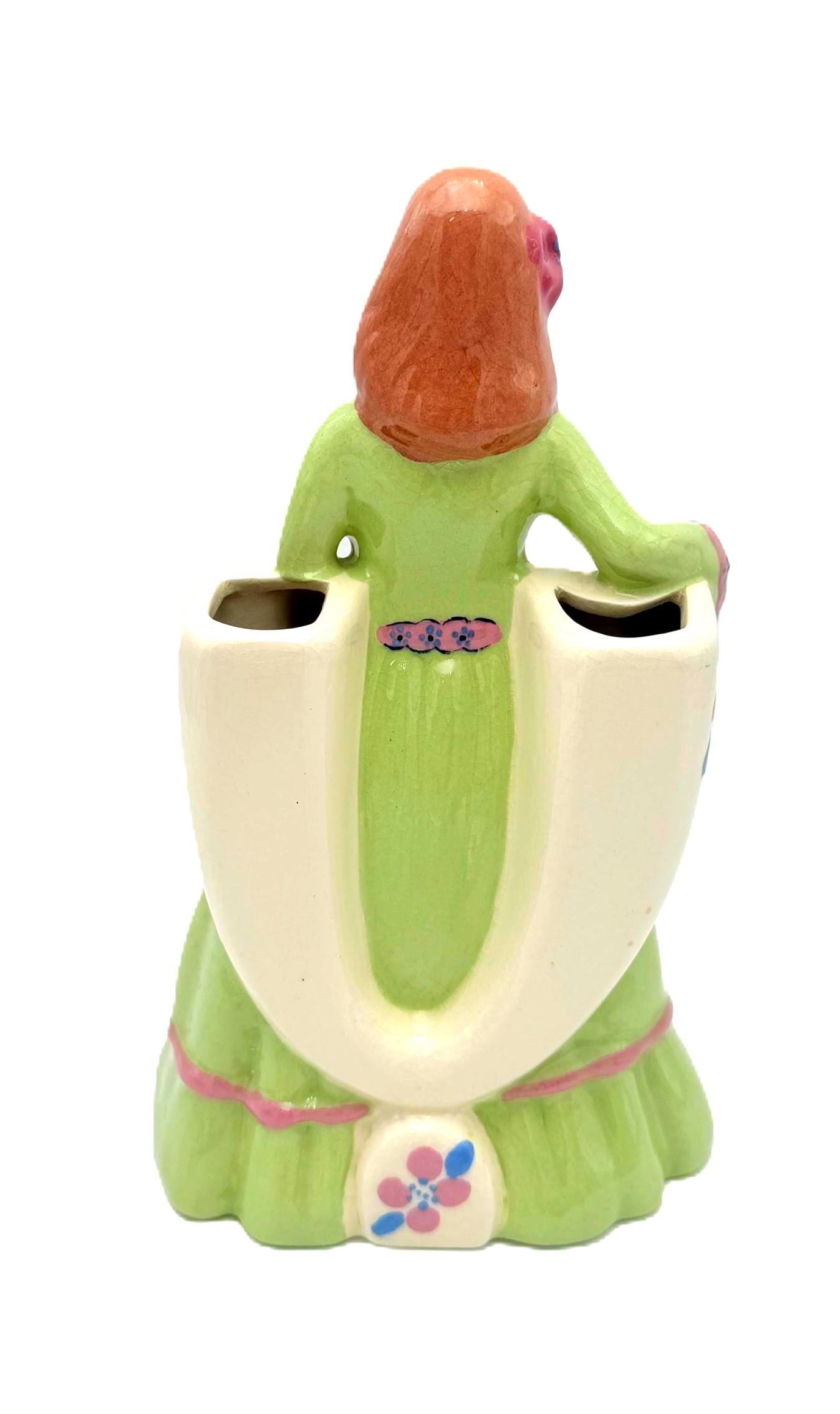 VINTAGE 1950S FIGURAL LADY DOUBLE PLANTER ATTRIBUTED FLORENCE CERAMICS CHARTREUSE GREEN DRESS