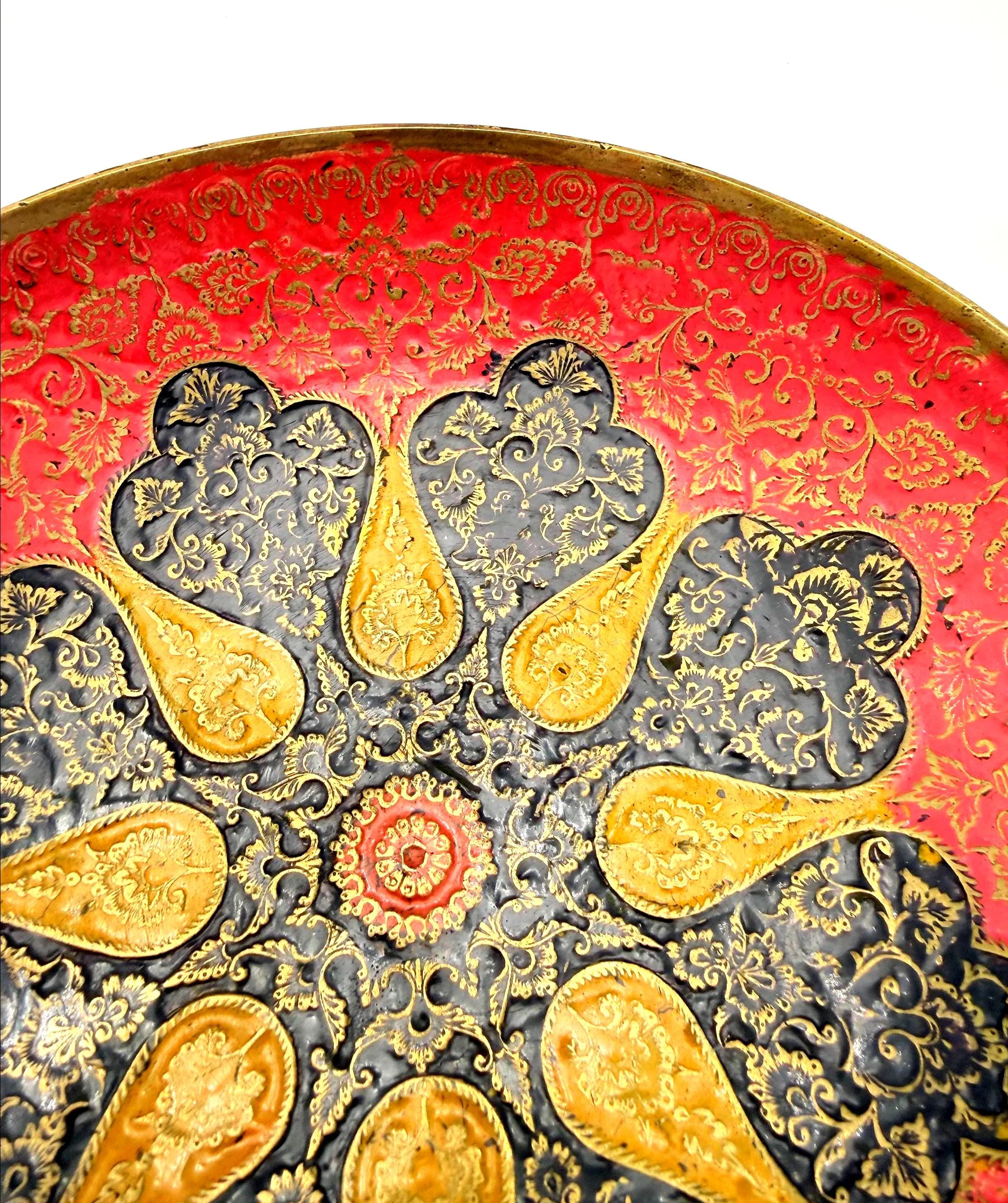 VINTAGE INDIAN BRASS ENAMEL DECORATIVE BOWL – KASHMIR FLORAL HAND-ETCHED CATCHALL
