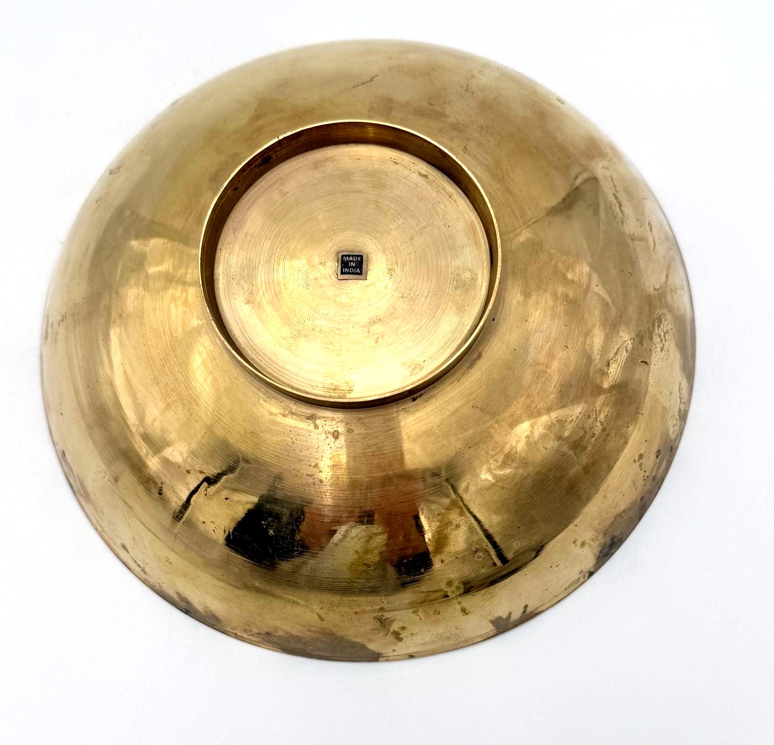 VINTAGE INDIAN BRASS ENAMEL DECORATIVE BOWL – KASHMIR FLORAL HAND-ETCHED CATCHALL