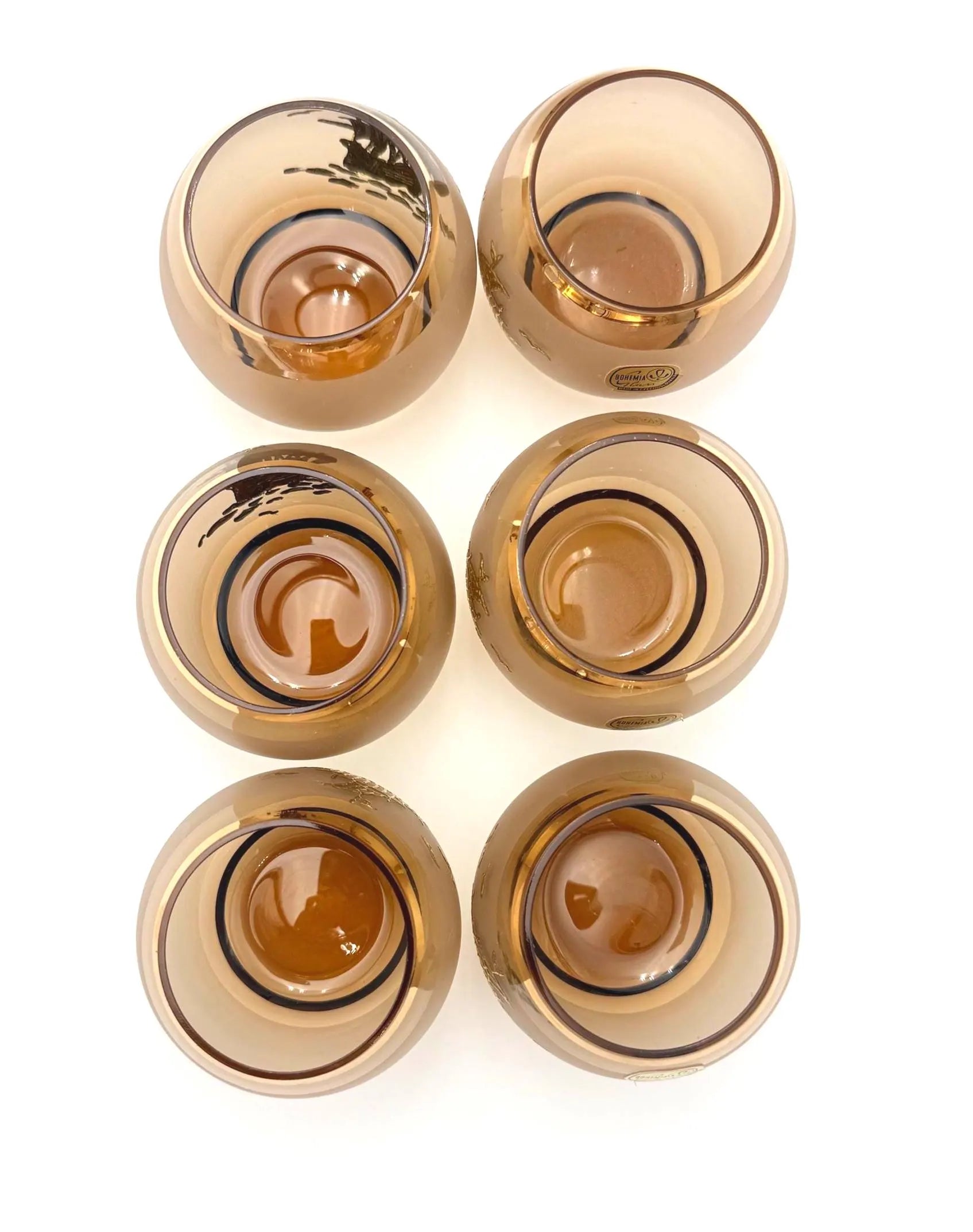 VINTAGE BOHEMIA GLASS NAUTICAL DECANTER SET – CZECHOSLOVAKIA – FROSTED CHAMPAGNE GOLD GALLEON BARWARE – 7 PIECES