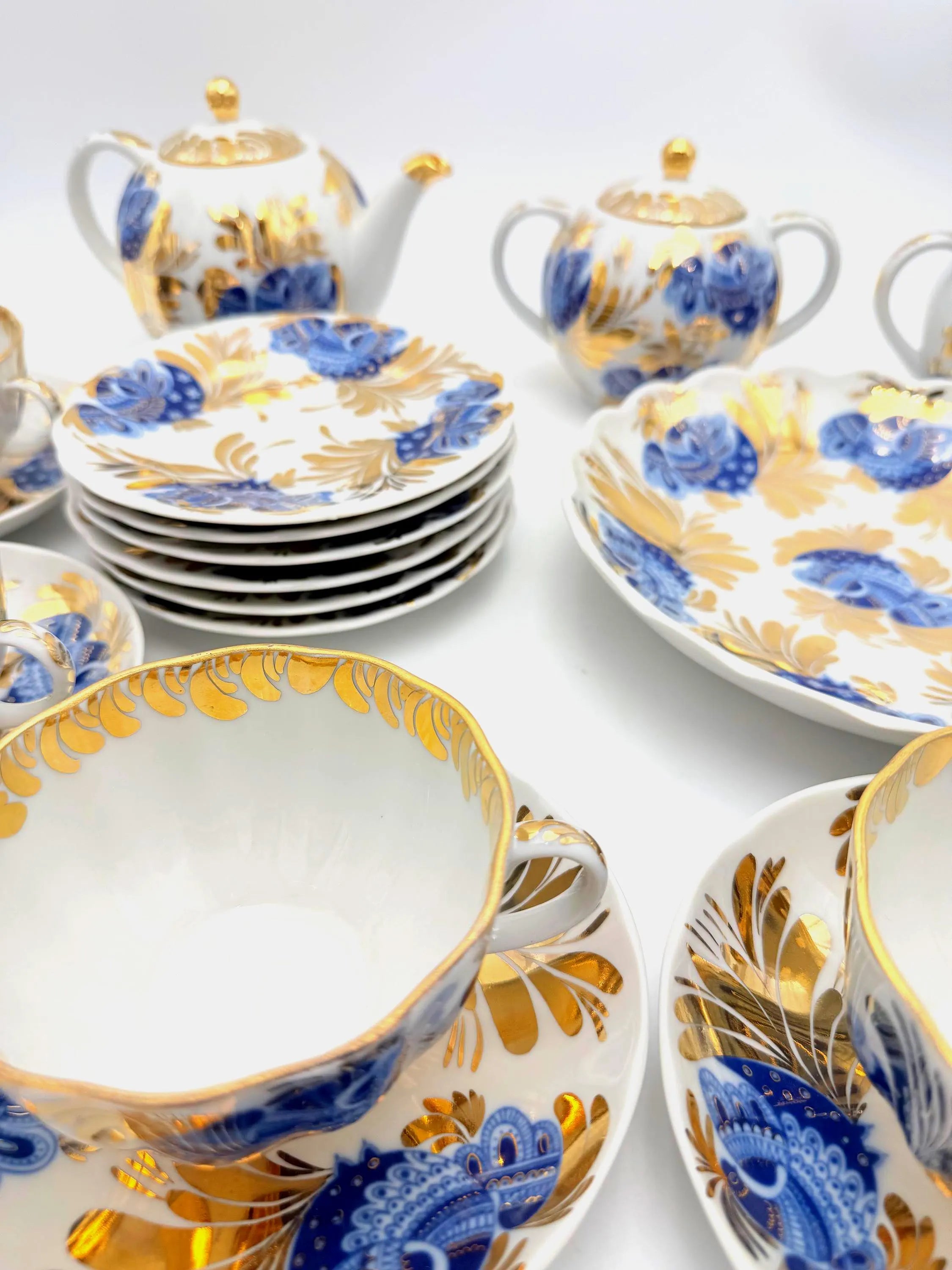 VINTAGE LOMONOSOV LFZ BLUE BIRD OF PARADISE COBALT AND GOLD PORCELAIN TEA SERVICE FOR SIX