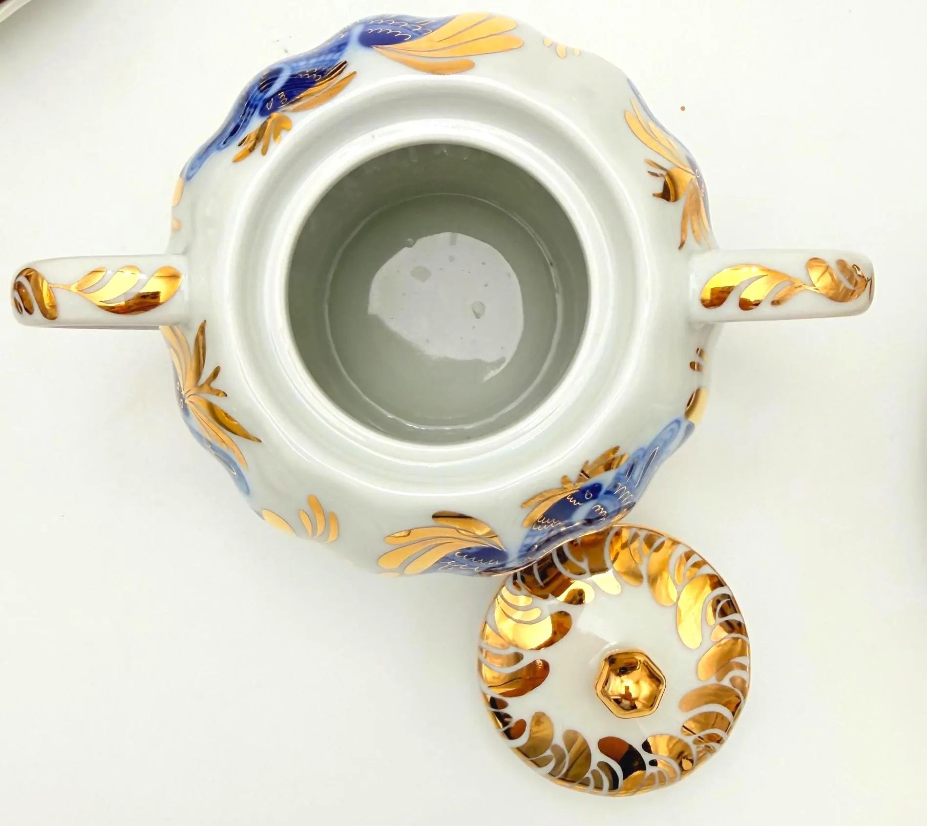 VINTAGE LOMONOSOV LFZ BLUE BIRD OF PARADISE COBALT AND GOLD PORCELAIN TEA SERVICE FOR SIX