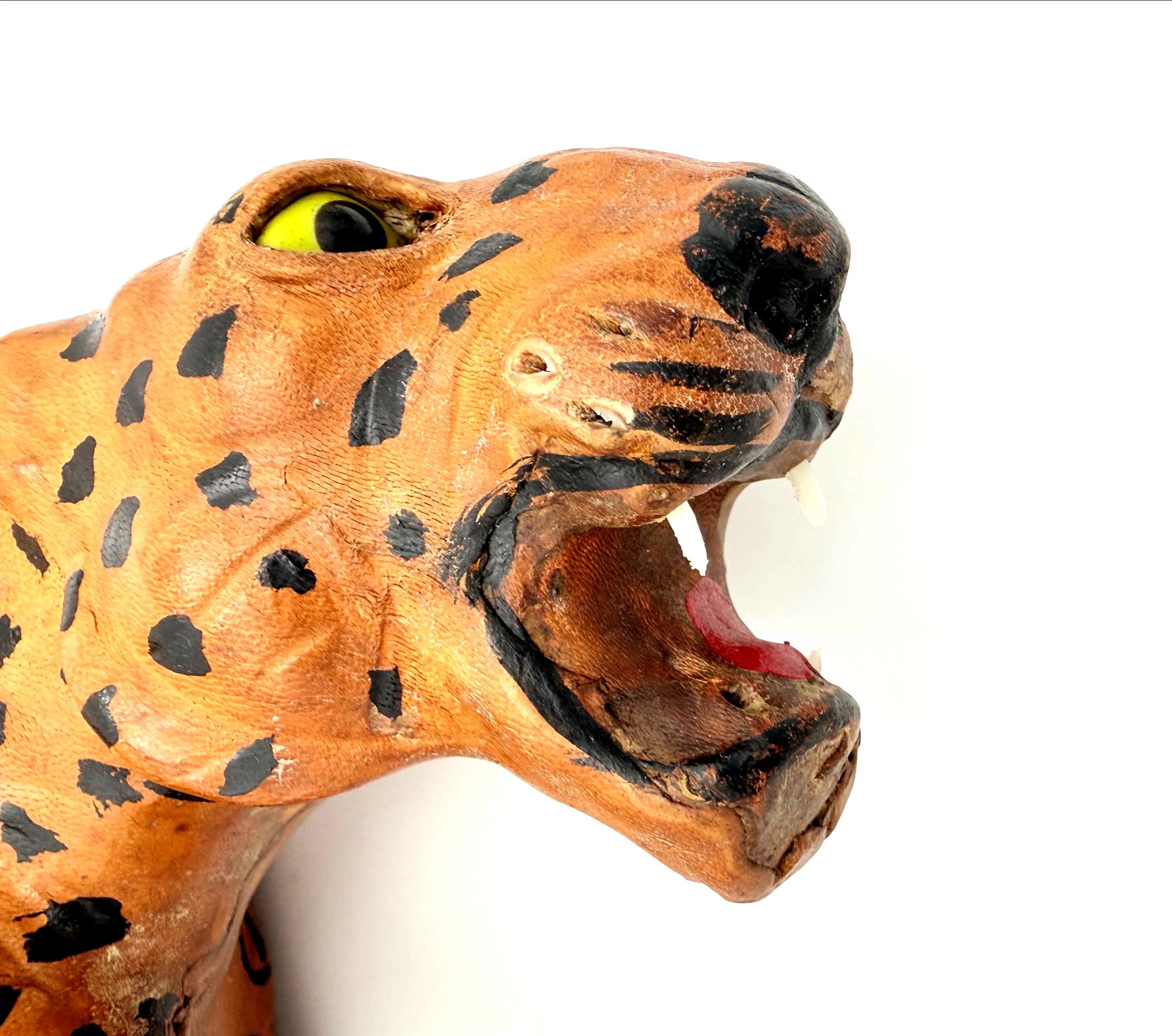 VINTAGE HAND-PAINTED LEATHER LEOPARD SCULPTURE