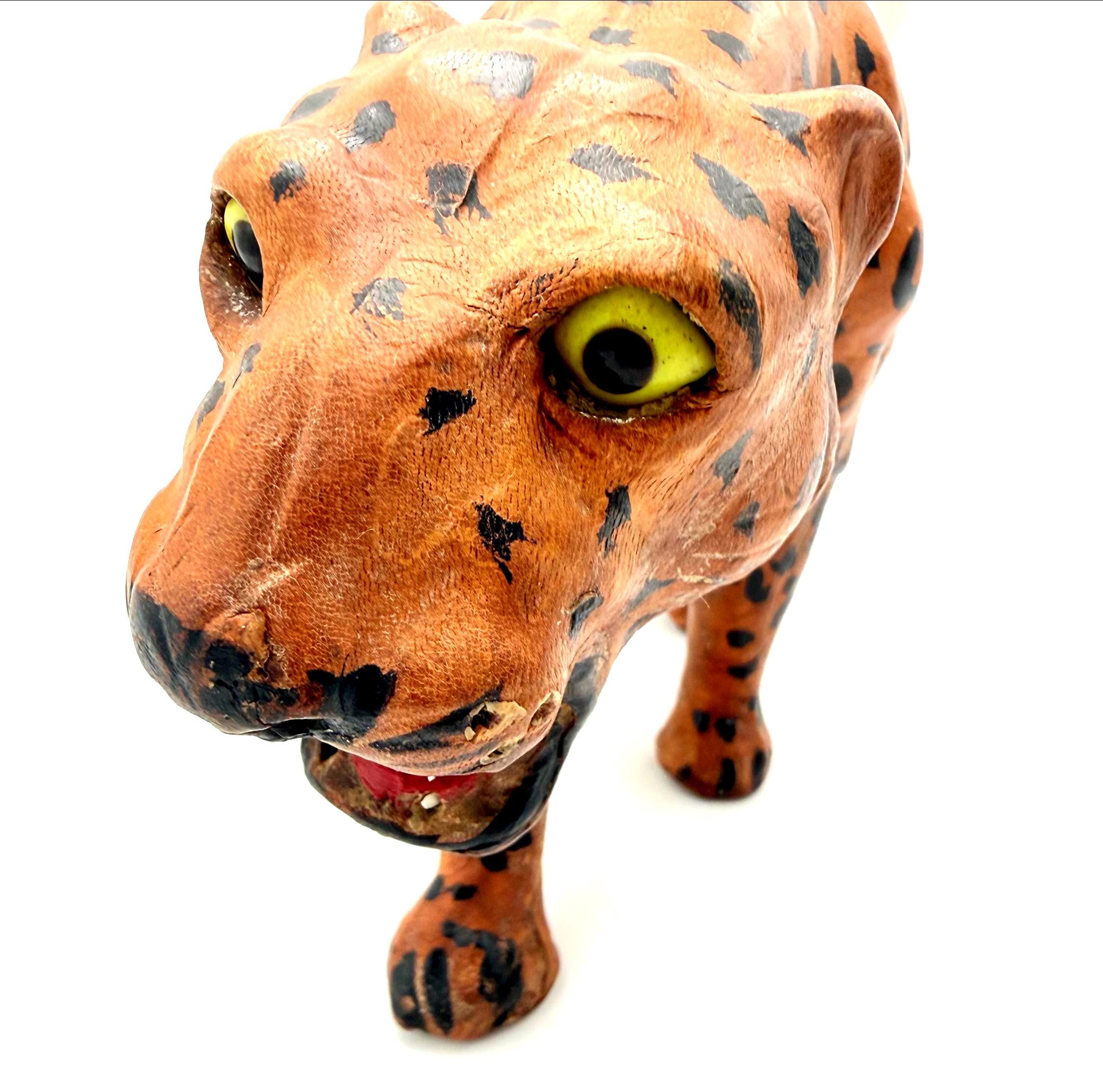 VINTAGE HAND-PAINTED LEATHER LEOPARD SCULPTURE