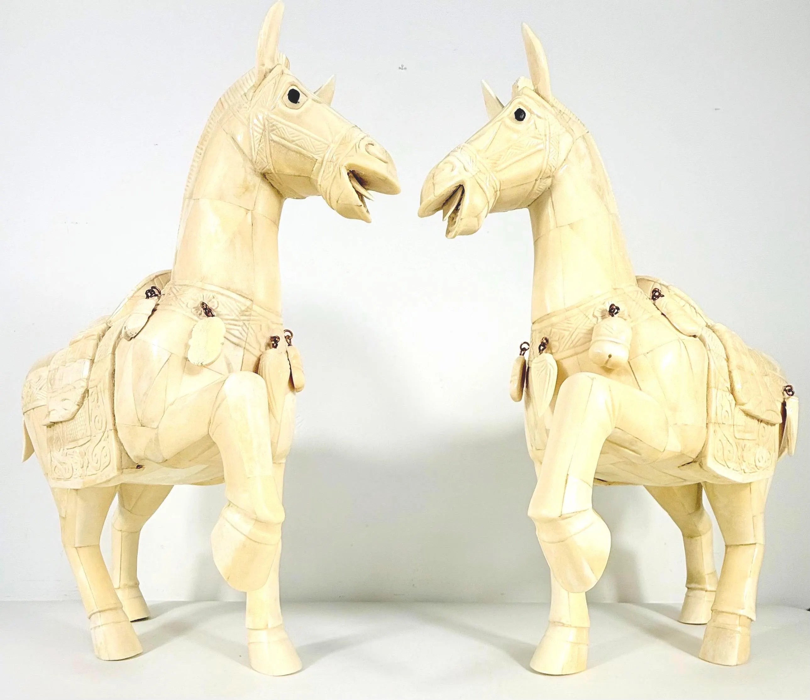 VINTAGE PAIR OF CHINESE TANG STYLE TESSELLATED BONE HORSE SCULPTURES