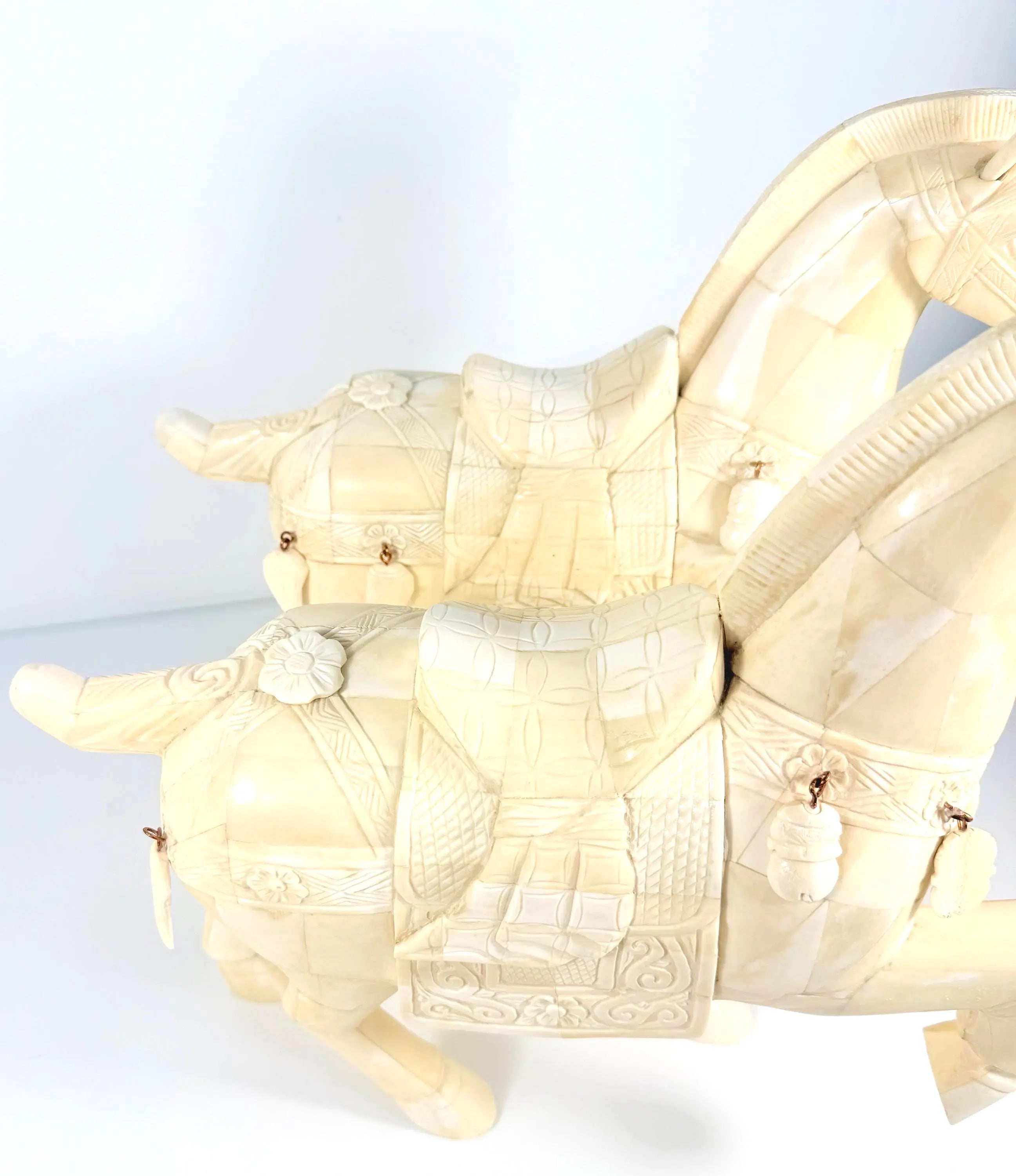 VINTAGE PAIR OF CHINESE TANG STYLE TESSELLATED BONE HORSE SCULPTURES