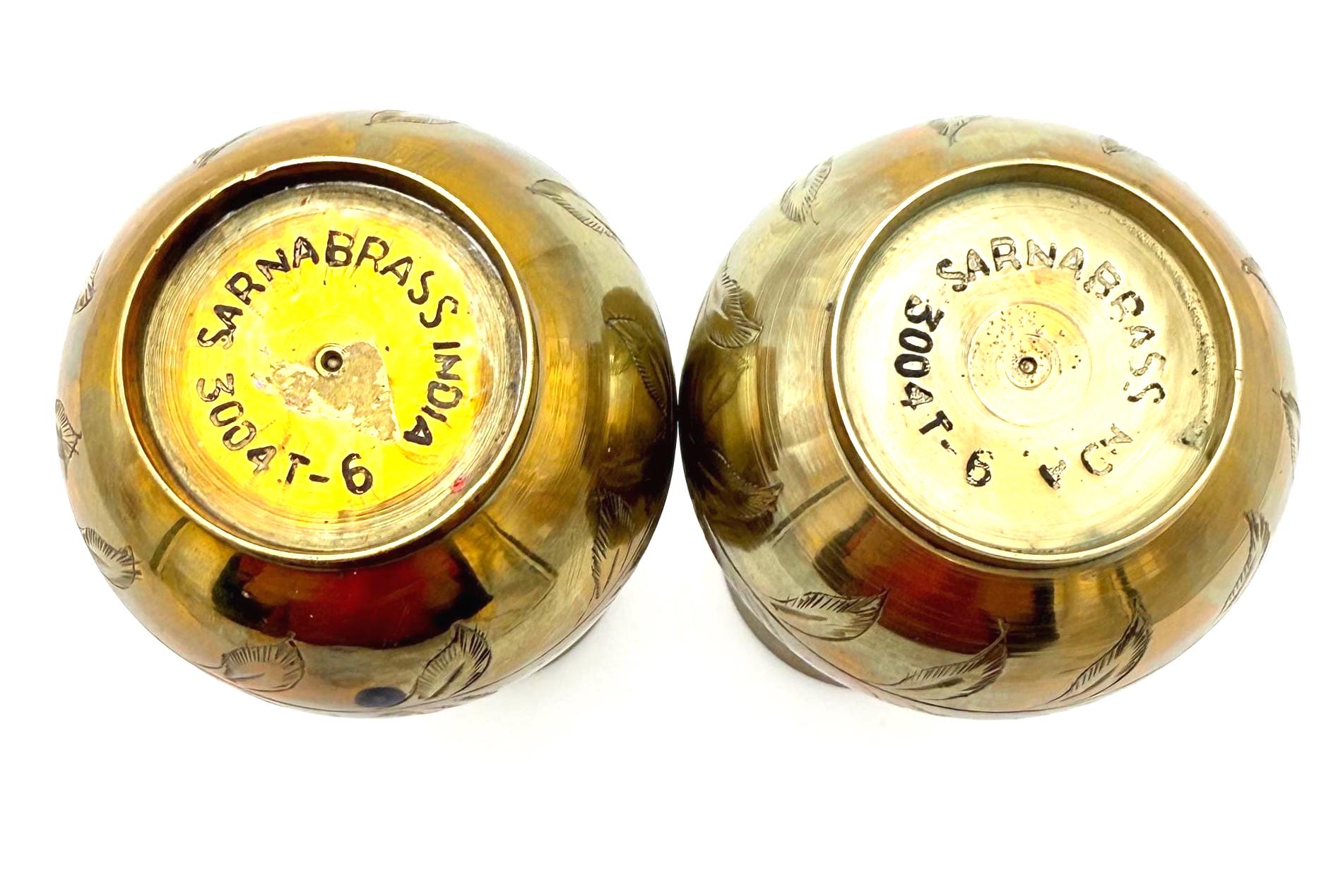 VINTAGE SARNA BRASS INDIA ENGRAVED BRASS BUD VASE PAIR CIRCA 1970S