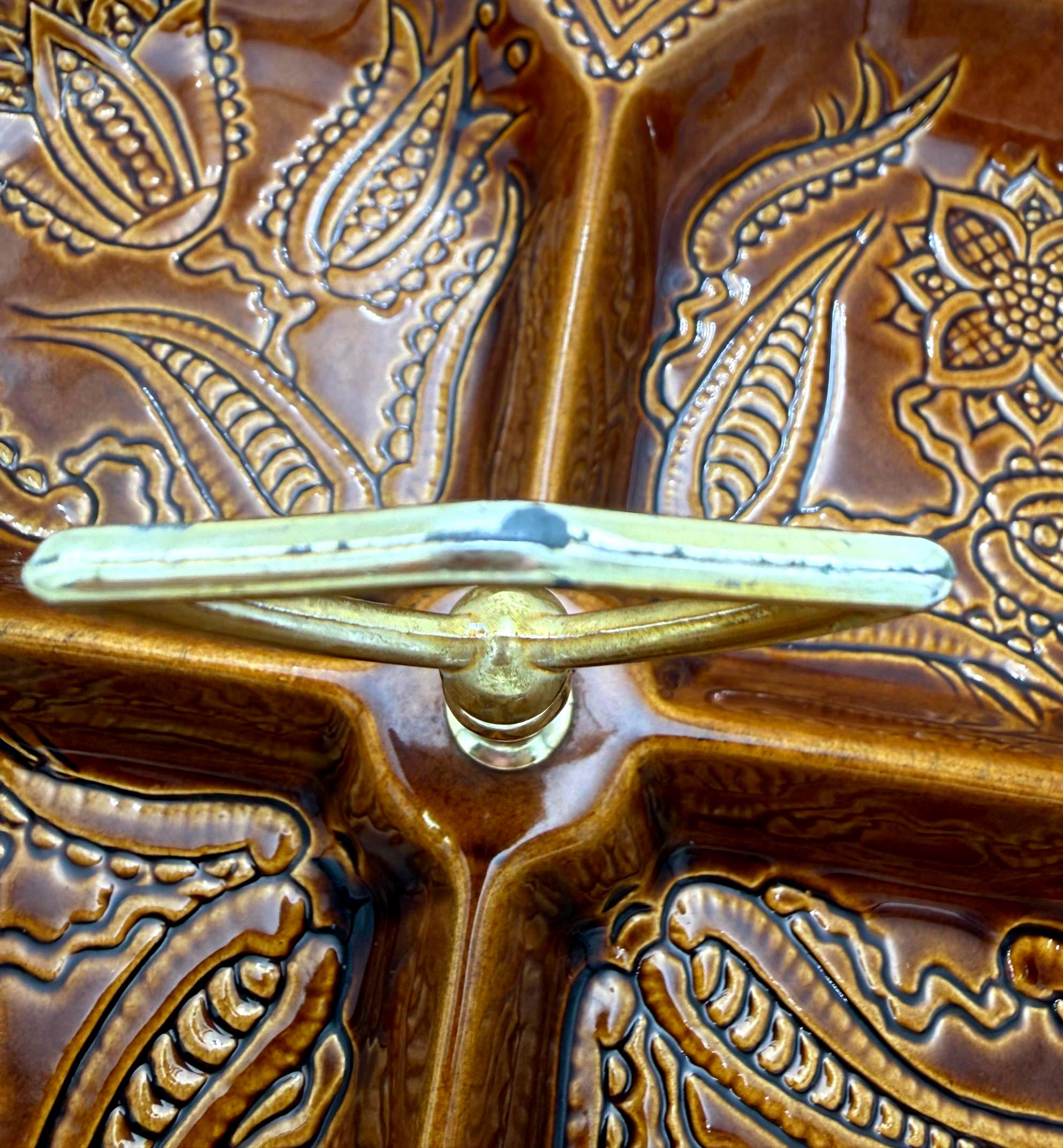 VINTAGE CALIFORNIA POTTERY DIVIDED RELISH TRAY WITH BRASS HANDLE | CALIFORNIA USA NO. 1203