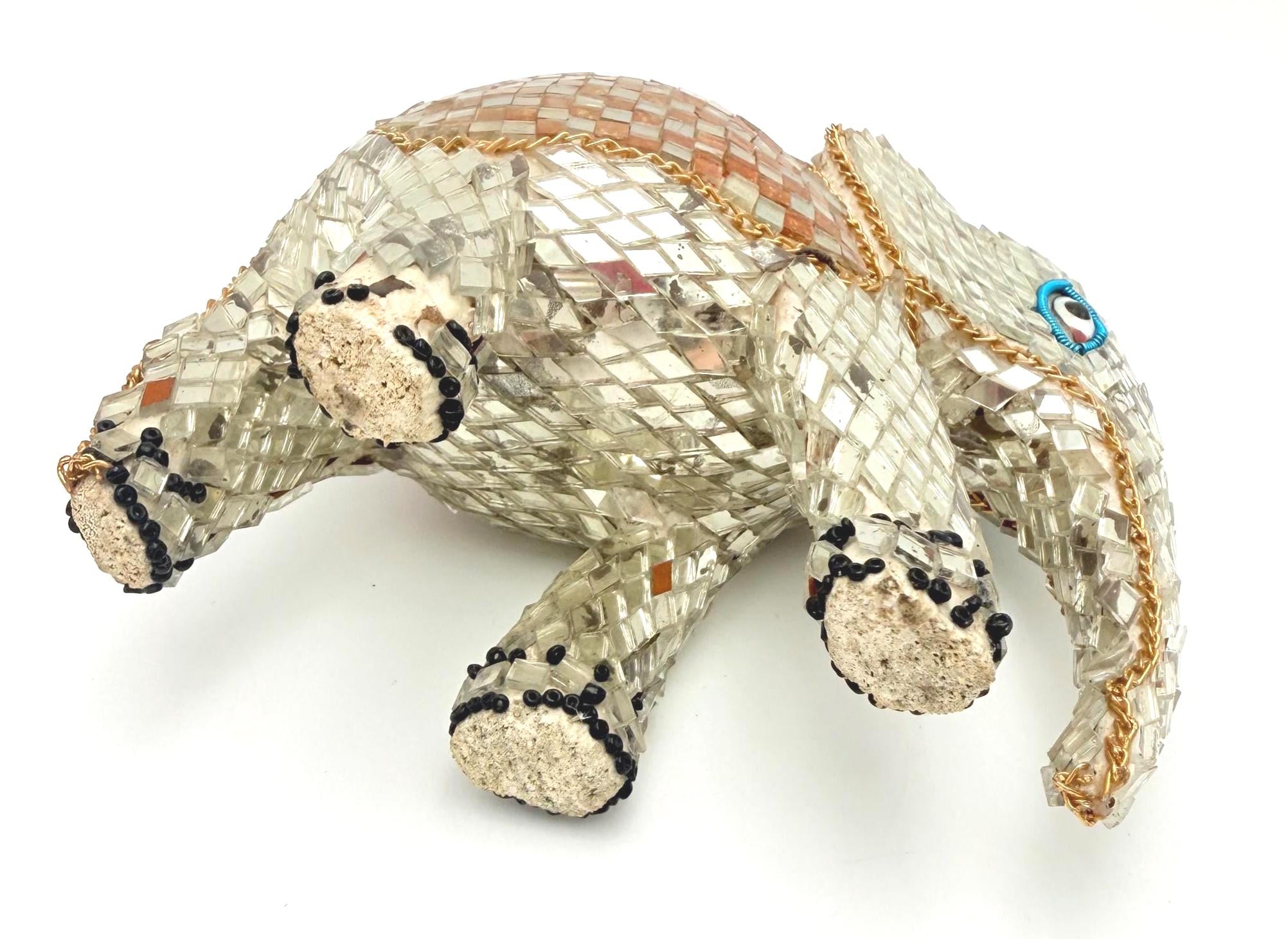 VINTAGE HANDMADE PHILIPPINE CAPIZ SHELL MOSAIC ELEPHANT FIGURINE WITH DUAL-TONE AMBER & RUBY BLANKET