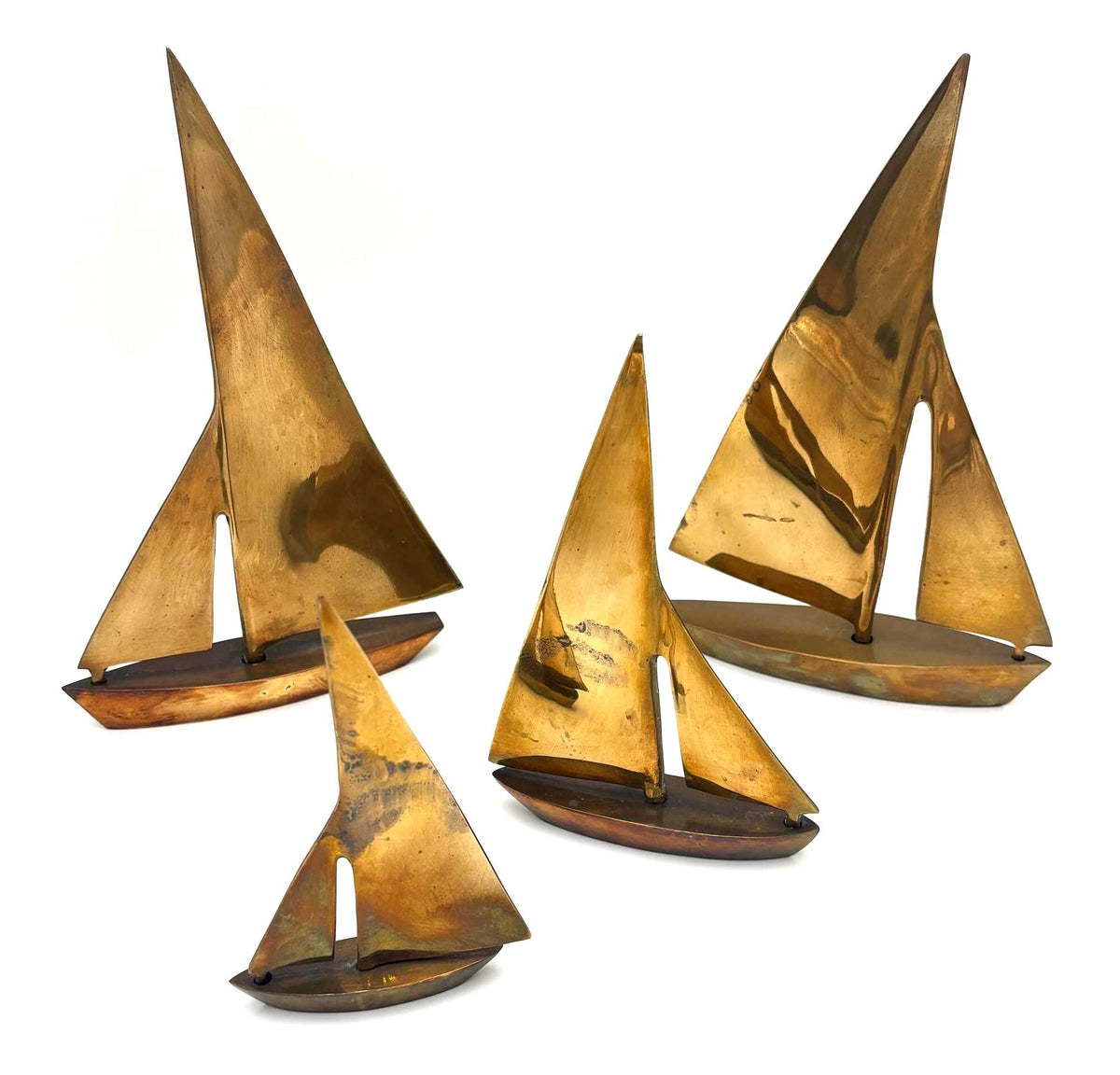 Vintage Brass Sailboat Sculptures Set of 4, Solid Brass Yacht Collection, Modernist Nautical Decor, Mid Century Style, Coastal Shelf Decor