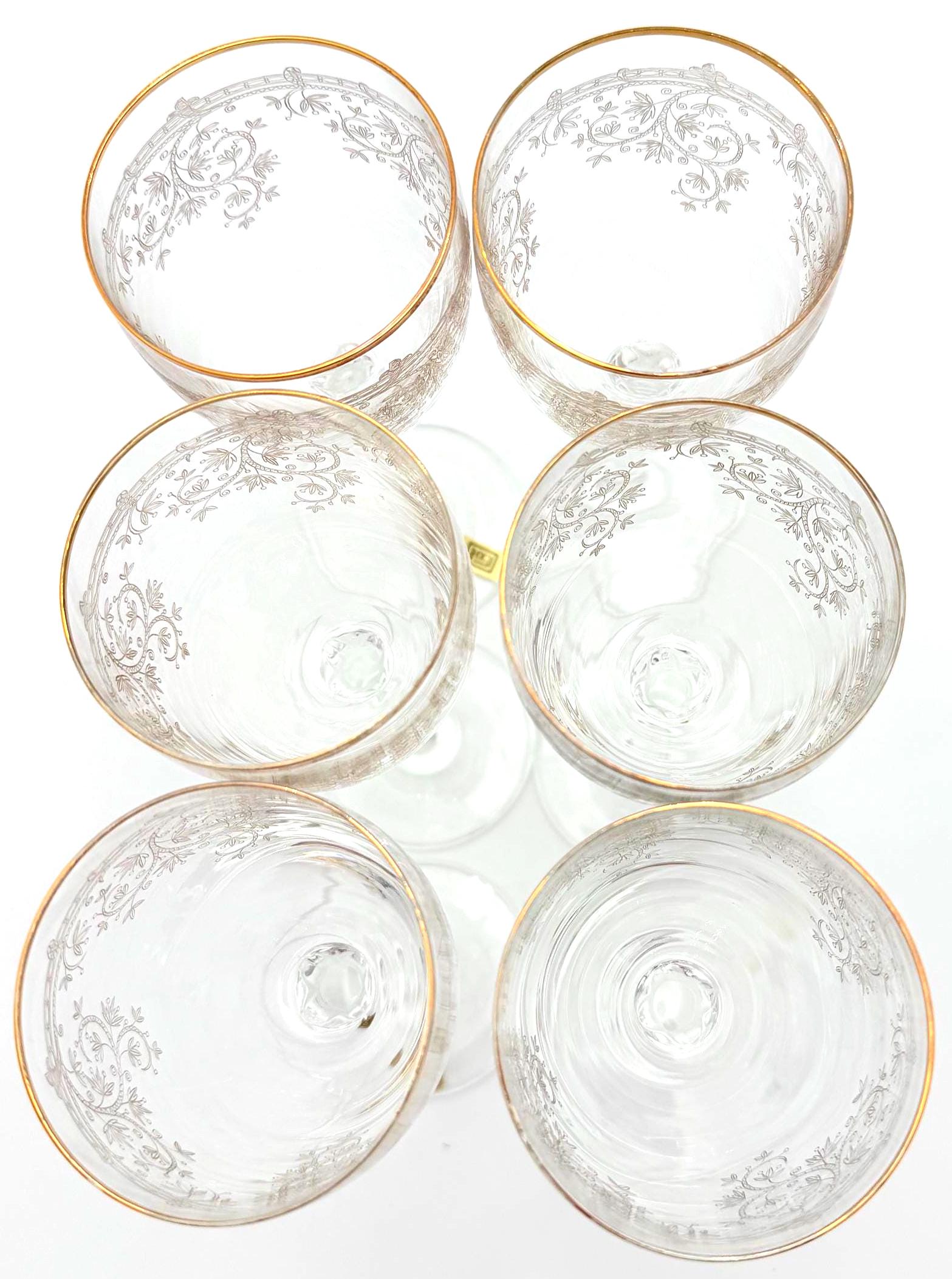 VINTAGE LR SLOVAKIA CRYSTAL WINE GLASSES – SET OF 6 GOLD RIM ETCHED FLORAL GOBLETS