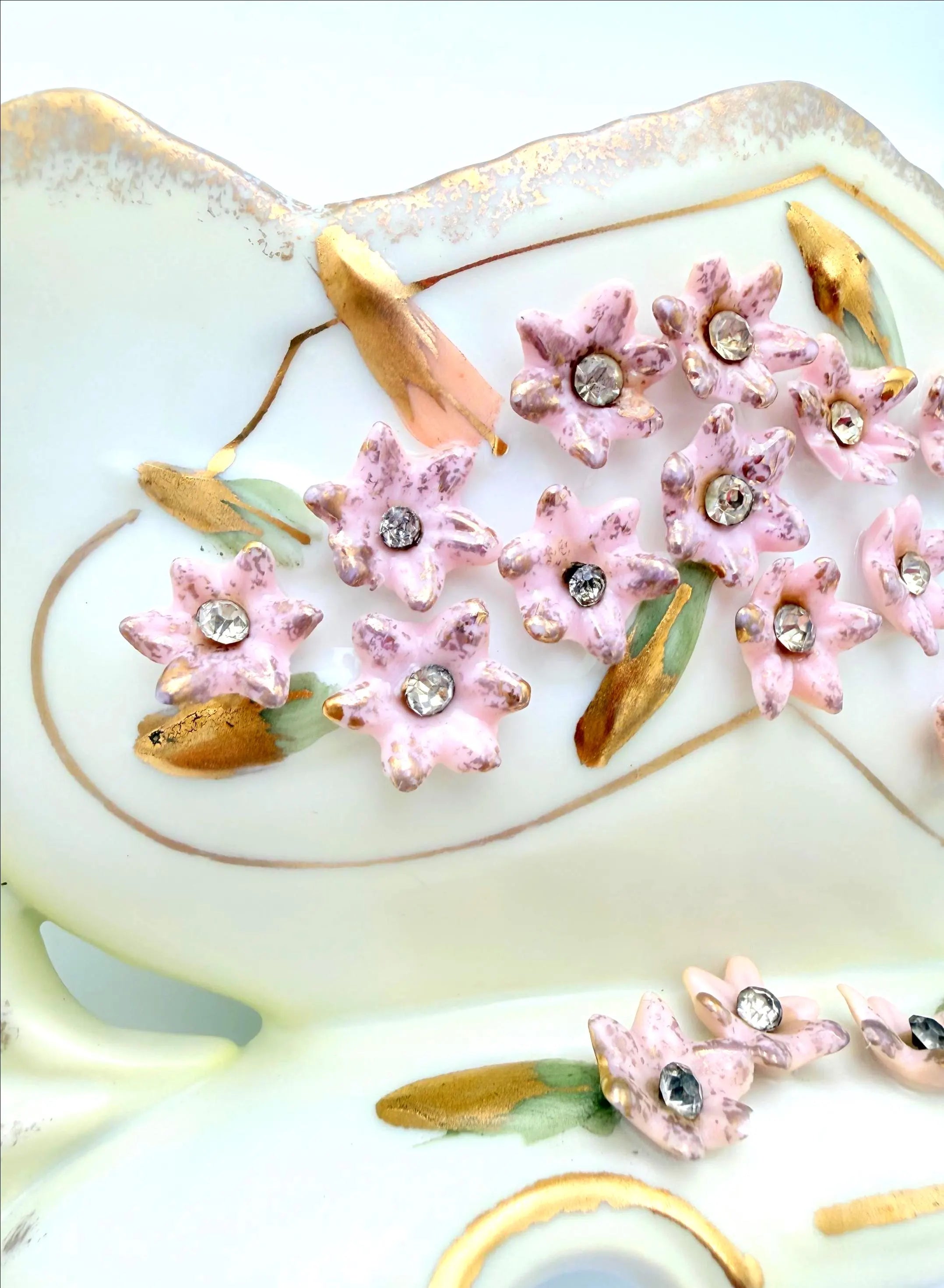 VINTAGE JEWELED PORCELAIN FLORAL CENTERPIECE BOWL WITH PINK FLOWERS
