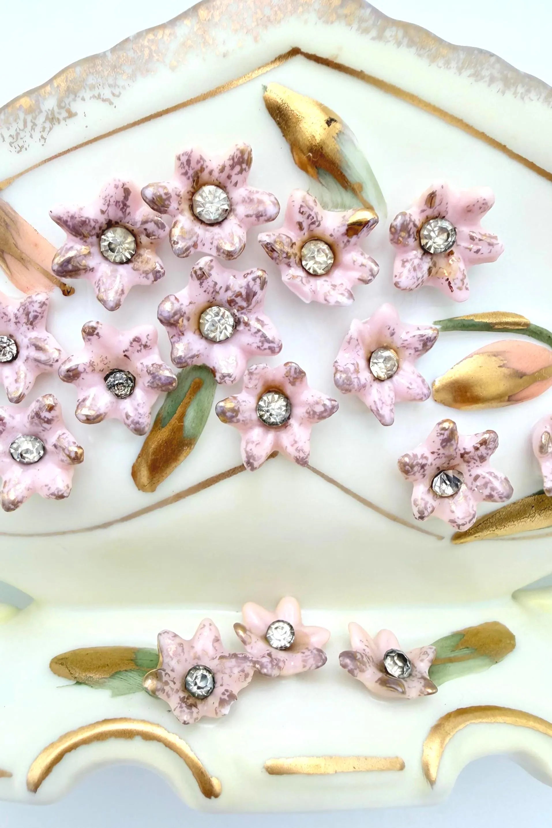 VINTAGE JEWELED PORCELAIN FLORAL CENTERPIECE BOWL WITH PINK FLOWERS