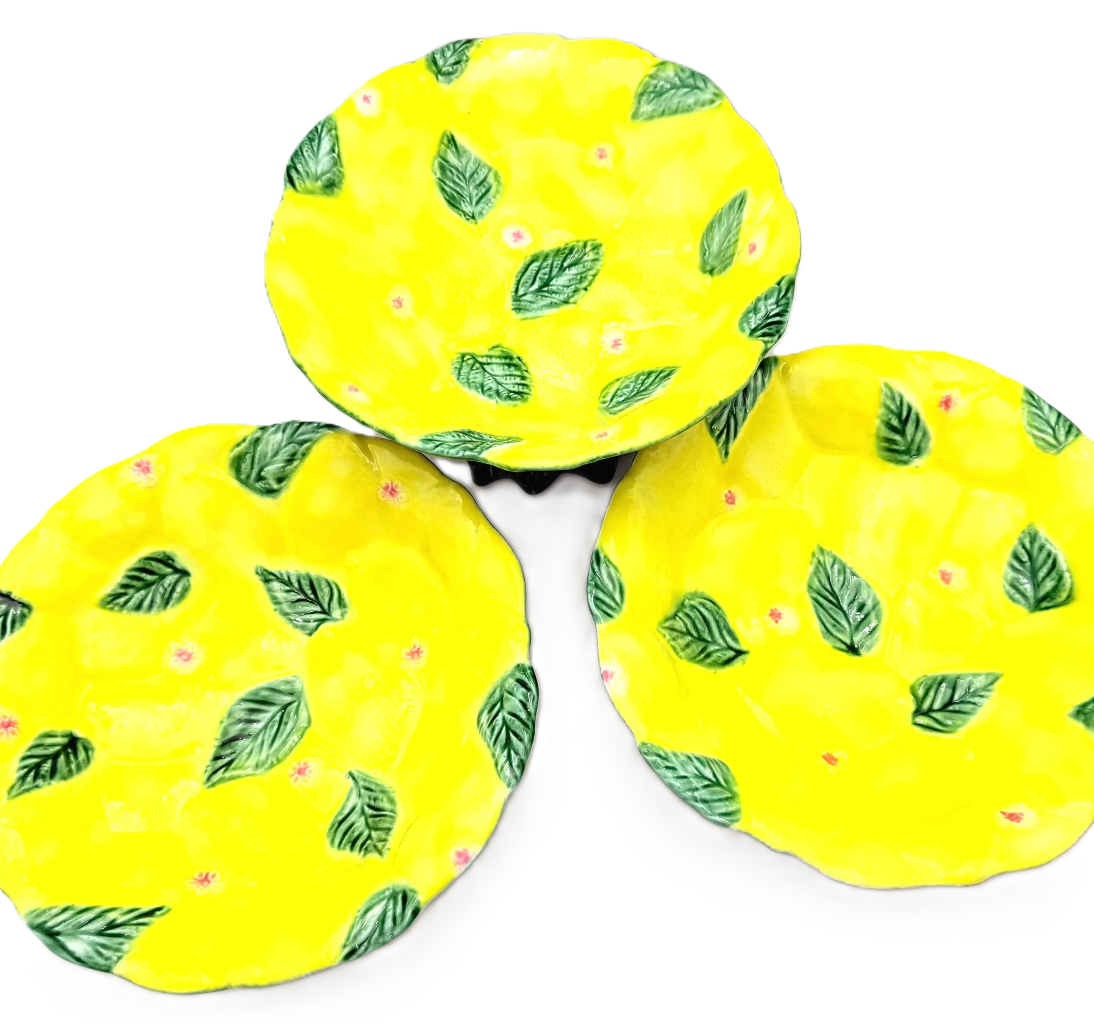 VINTAGE ITALICA ARS ITALIAN MAJOLICA LEMON 3-PIECE SERVING BOWL SET WITH PEDESTAL CENTERPIECE