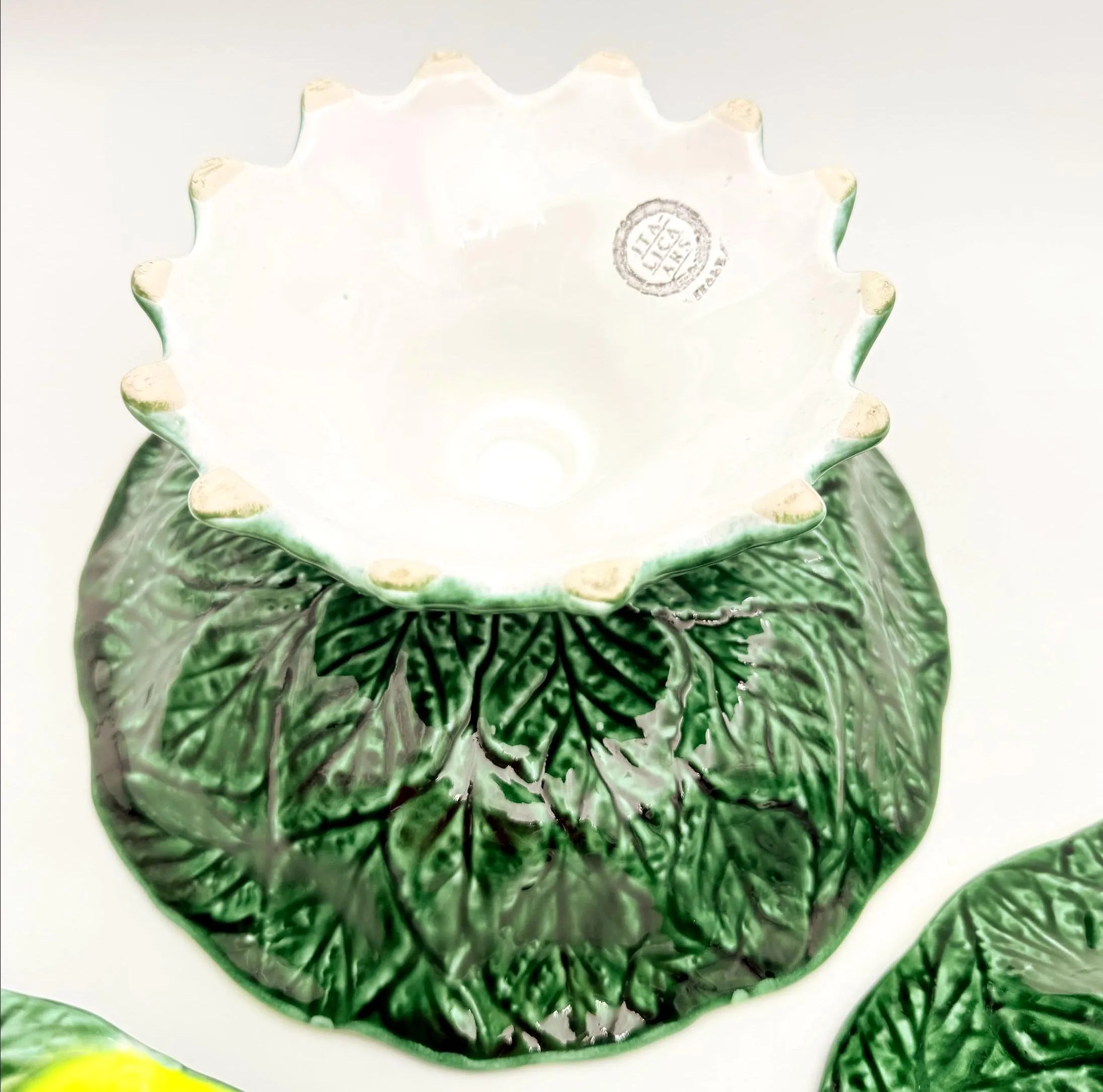 VINTAGE ITALICA ARS ITALIAN MAJOLICA LEMON 3-PIECE SERVING BOWL SET WITH PEDESTAL CENTERPIECE