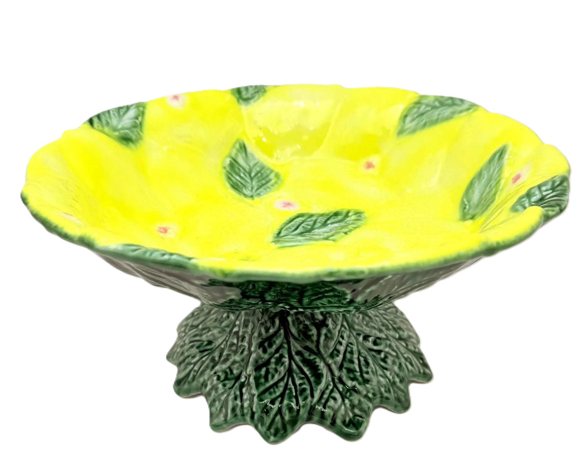 VINTAGE ITALICA ARS ITALIAN MAJOLICA LEMON 3-PIECE SERVING BOWL SET WITH PEDESTAL CENTERPIECE