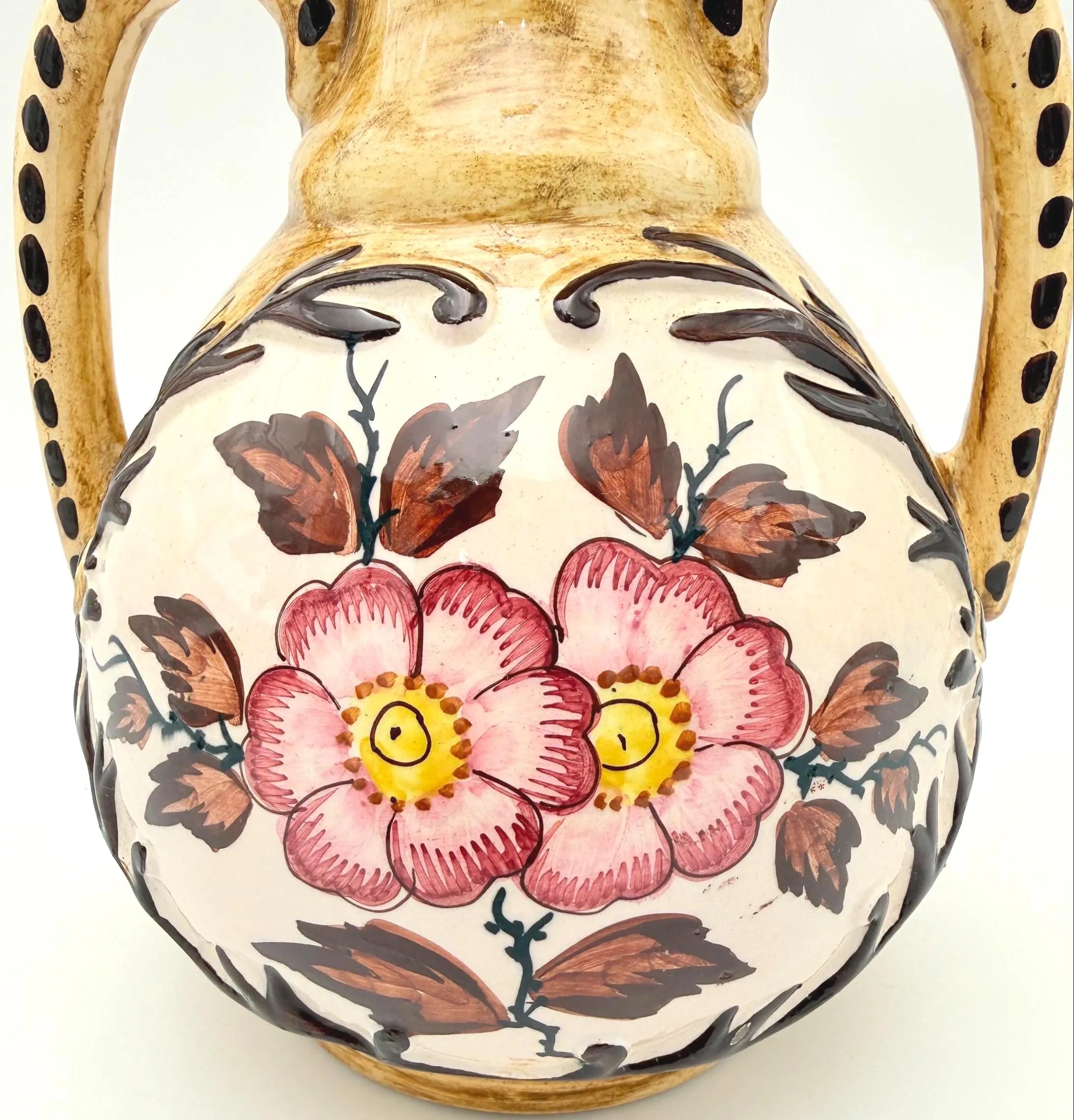 VINTAGE BELGIAN HAND-PAINTED ART POTTERY AMPHORA VASE, DOUBLE HANDLED FLORAL CERAMIC, THULIN STYLE
