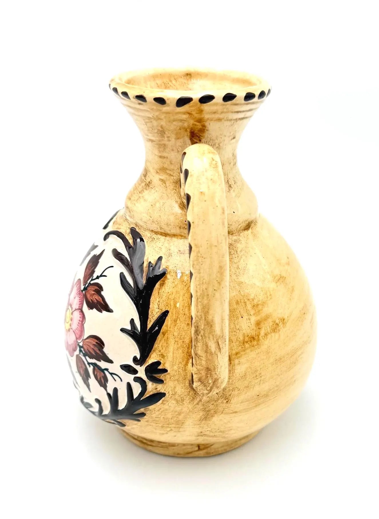 VINTAGE BELGIAN HAND-PAINTED ART POTTERY AMPHORA VASE, DOUBLE HANDLED FLORAL CERAMIC, THULIN STYLE