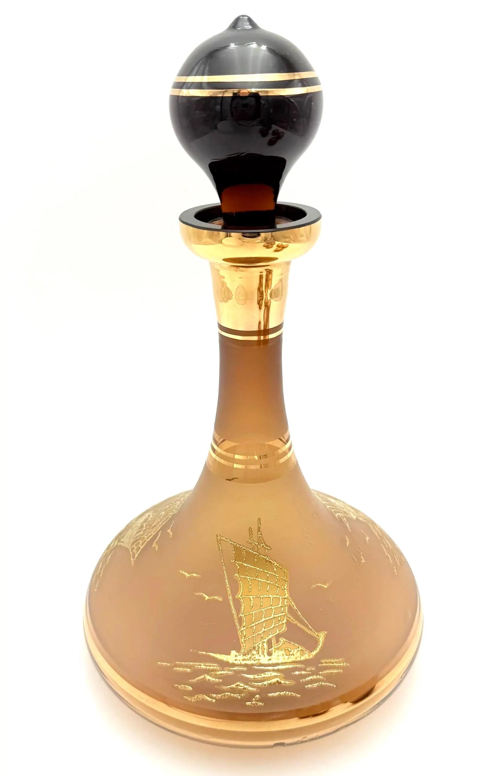 VINTAGE BOHEMIA GLASS NAUTICAL DECANTER SET – CZECHOSLOVAKIA – FROSTED CHAMPAGNE GOLD GALLEON BARWARE – 7 PIECES