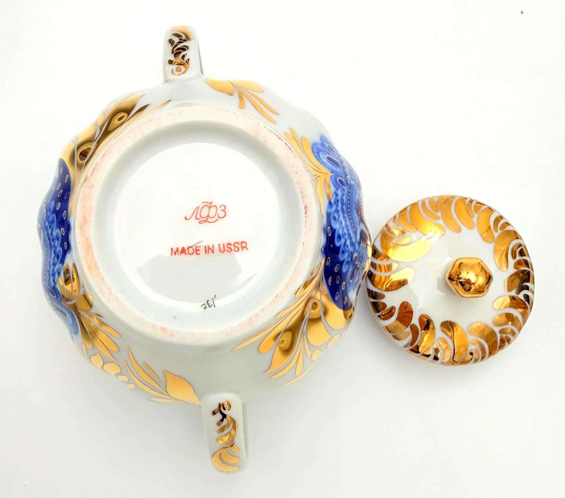 VINTAGE LOMONOSOV LFZ BLUE BIRD OF PARADISE COBALT AND GOLD PORCELAIN TEA SERVICE FOR SIX