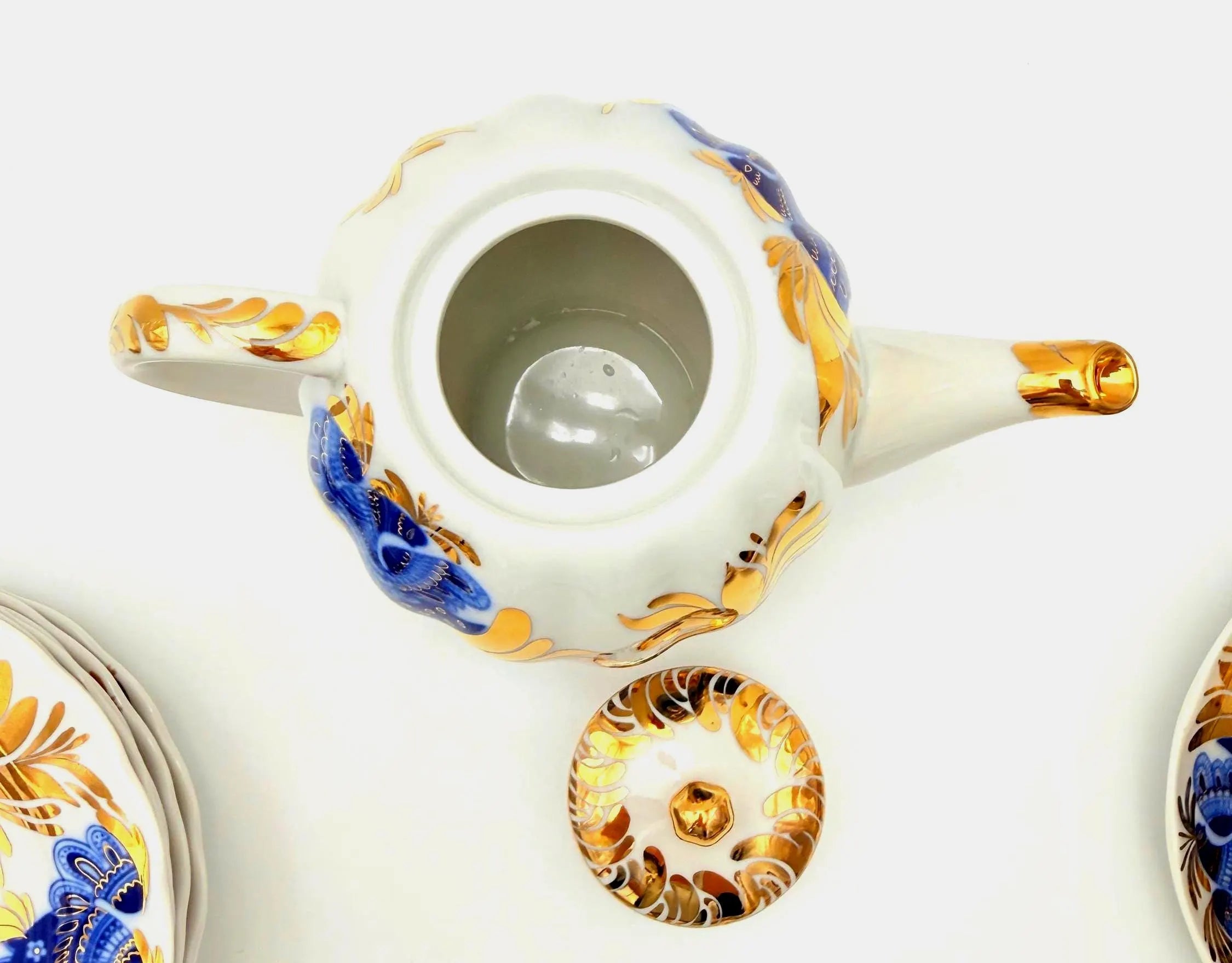 VINTAGE LOMONOSOV LFZ BLUE BIRD OF PARADISE COBALT AND GOLD PORCELAIN TEA SERVICE FOR SIX