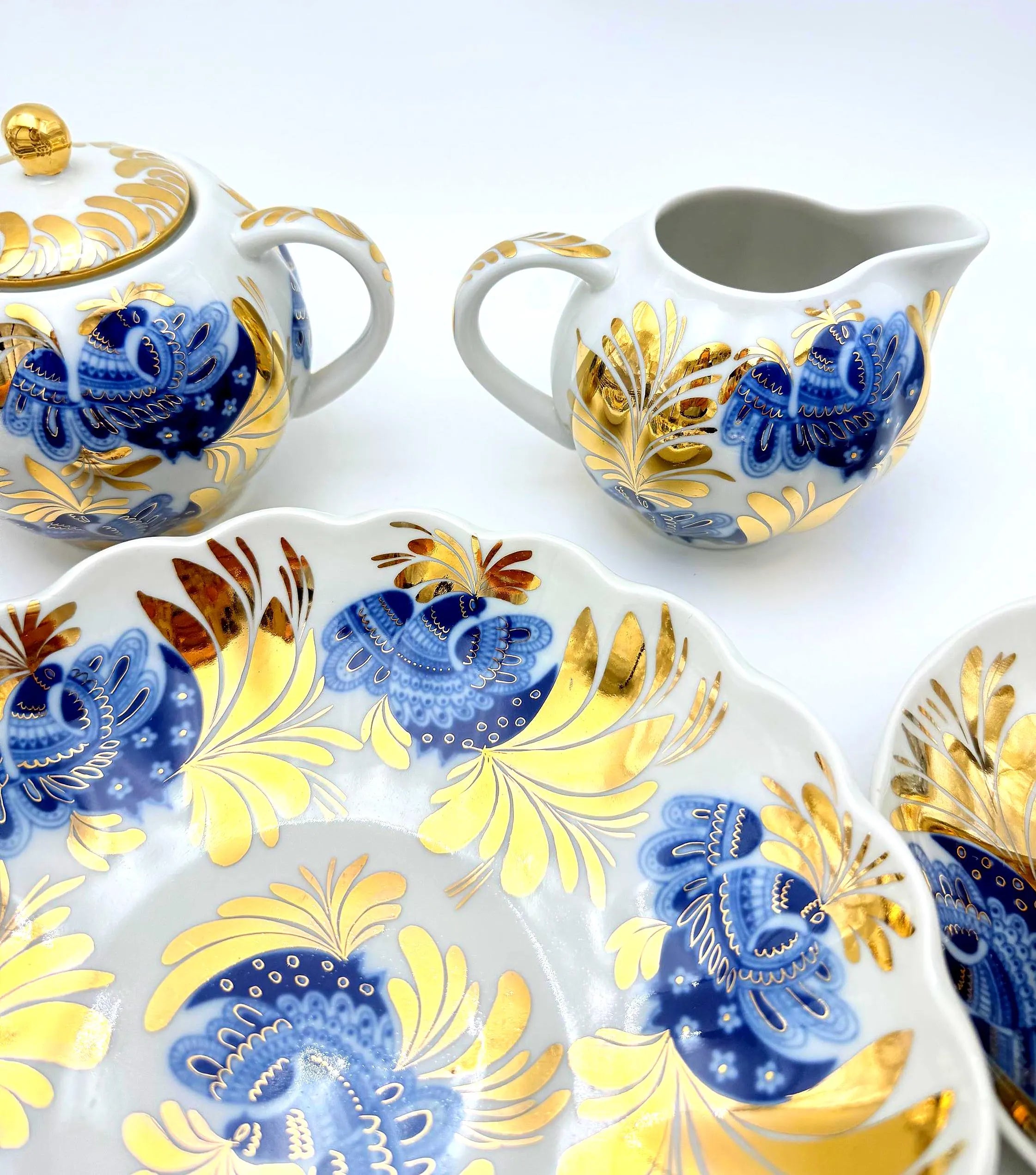 VINTAGE LOMONOSOV LFZ BLUE BIRD OF PARADISE COBALT AND GOLD PORCELAIN TEA SERVICE FOR SIX