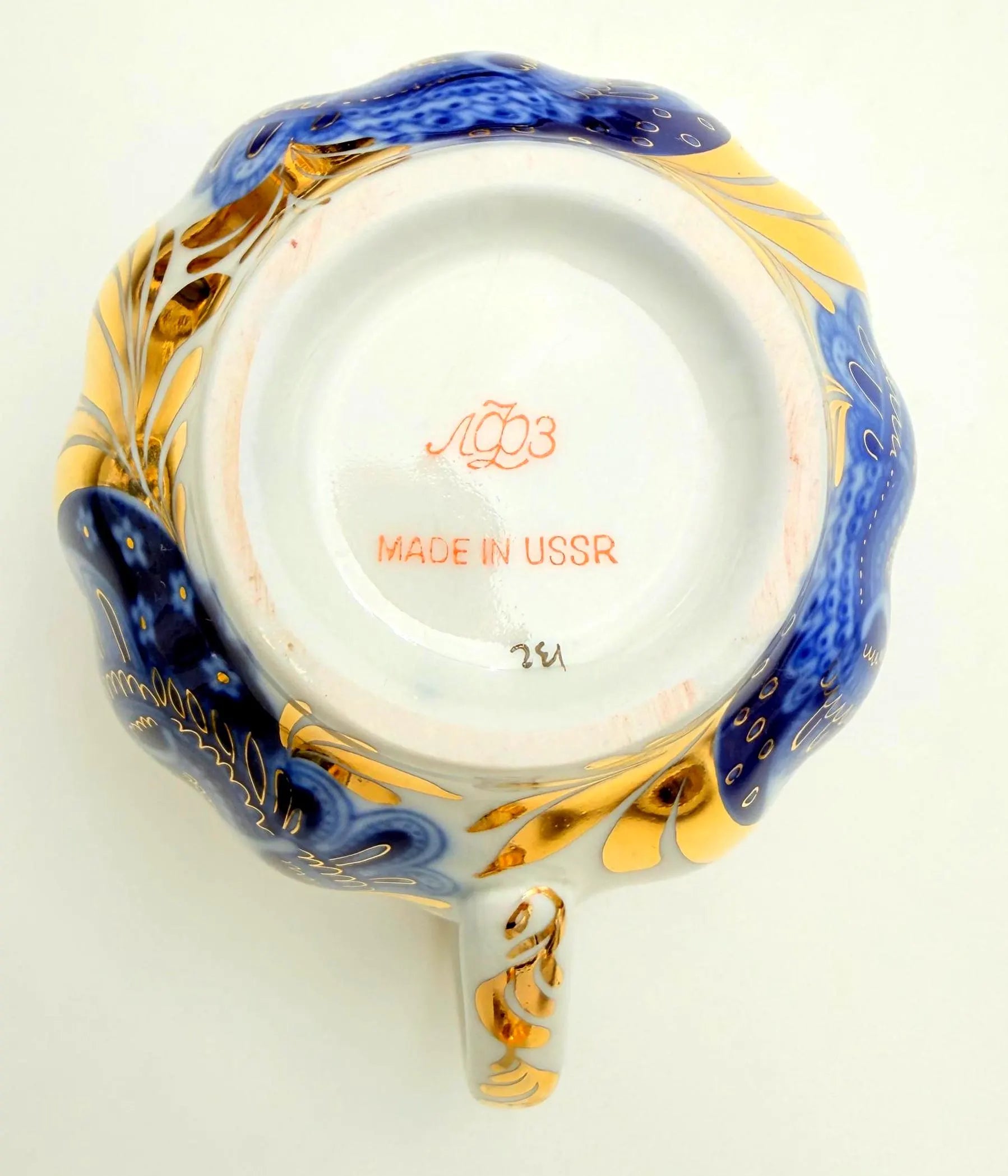 VINTAGE LOMONOSOV LFZ BLUE BIRD OF PARADISE COBALT AND GOLD PORCELAIN TEA SERVICE FOR SIX