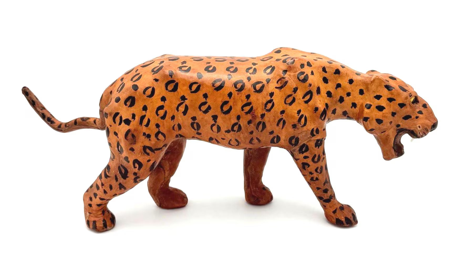 VINTAGE HAND-PAINTED LEATHER LEOPARD SCULPTURE