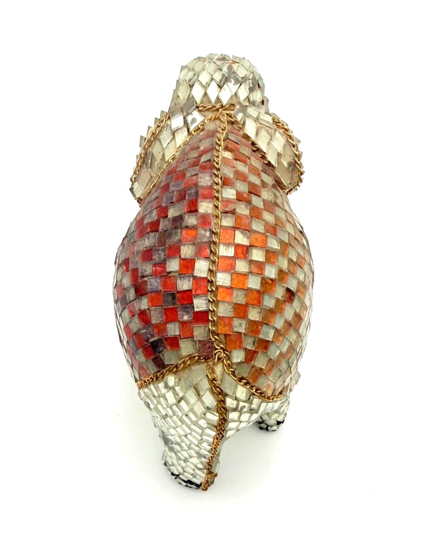 VINTAGE HANDMADE PHILIPPINE CAPIZ SHELL MOSAIC ELEPHANT FIGURINE WITH DUAL-TONE AMBER & RUBY BLANKET