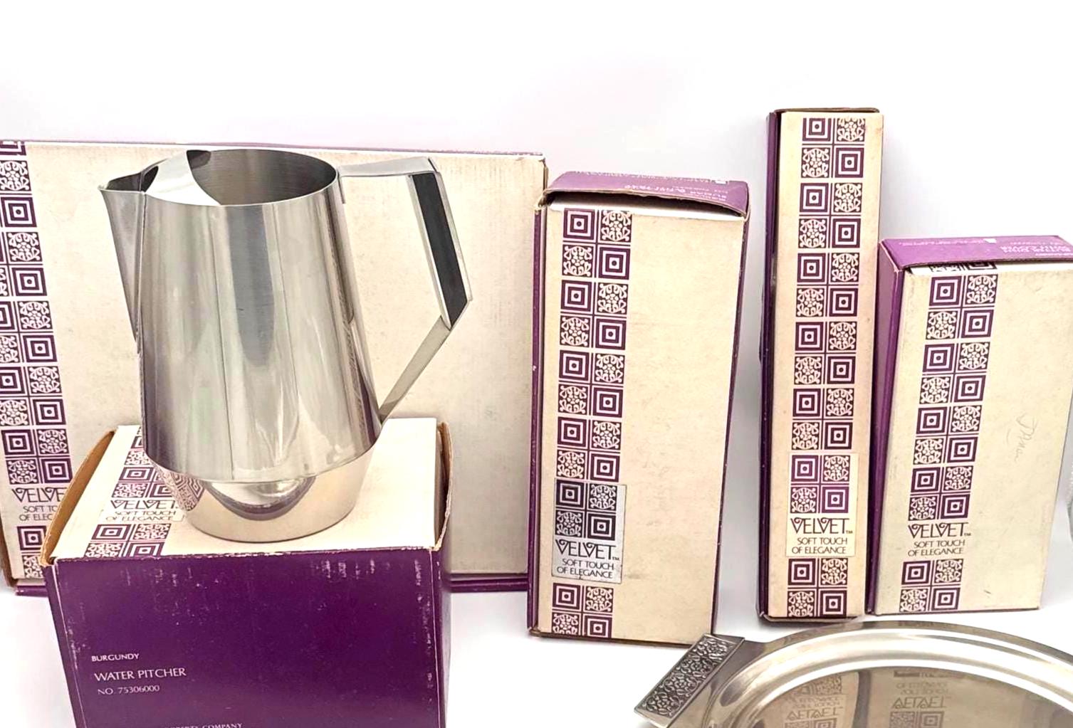 VINTAGE STANLEY ROBERTS BURGUNTINE-VELVET STAINLESS STEEL ENTERTAINING COLLECTION WITH ORIGINAL BOXES