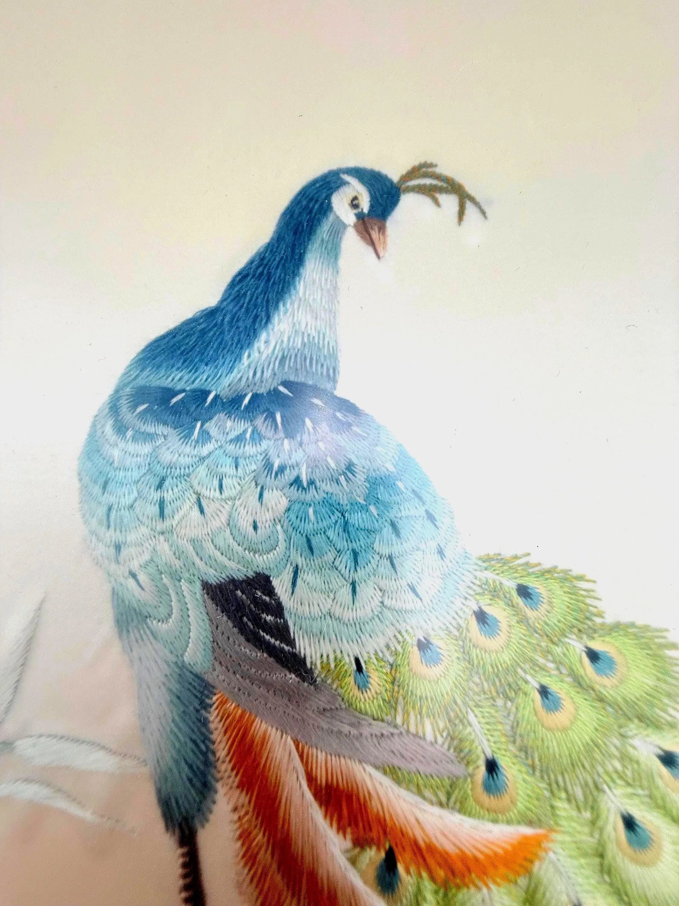 VINTAGE ASIAN EMBROIDERED SILK WALL ART SET OF 3 | FRAMED PEACOCK & CRANE CHINOISERIE TEXTILE PANELS
