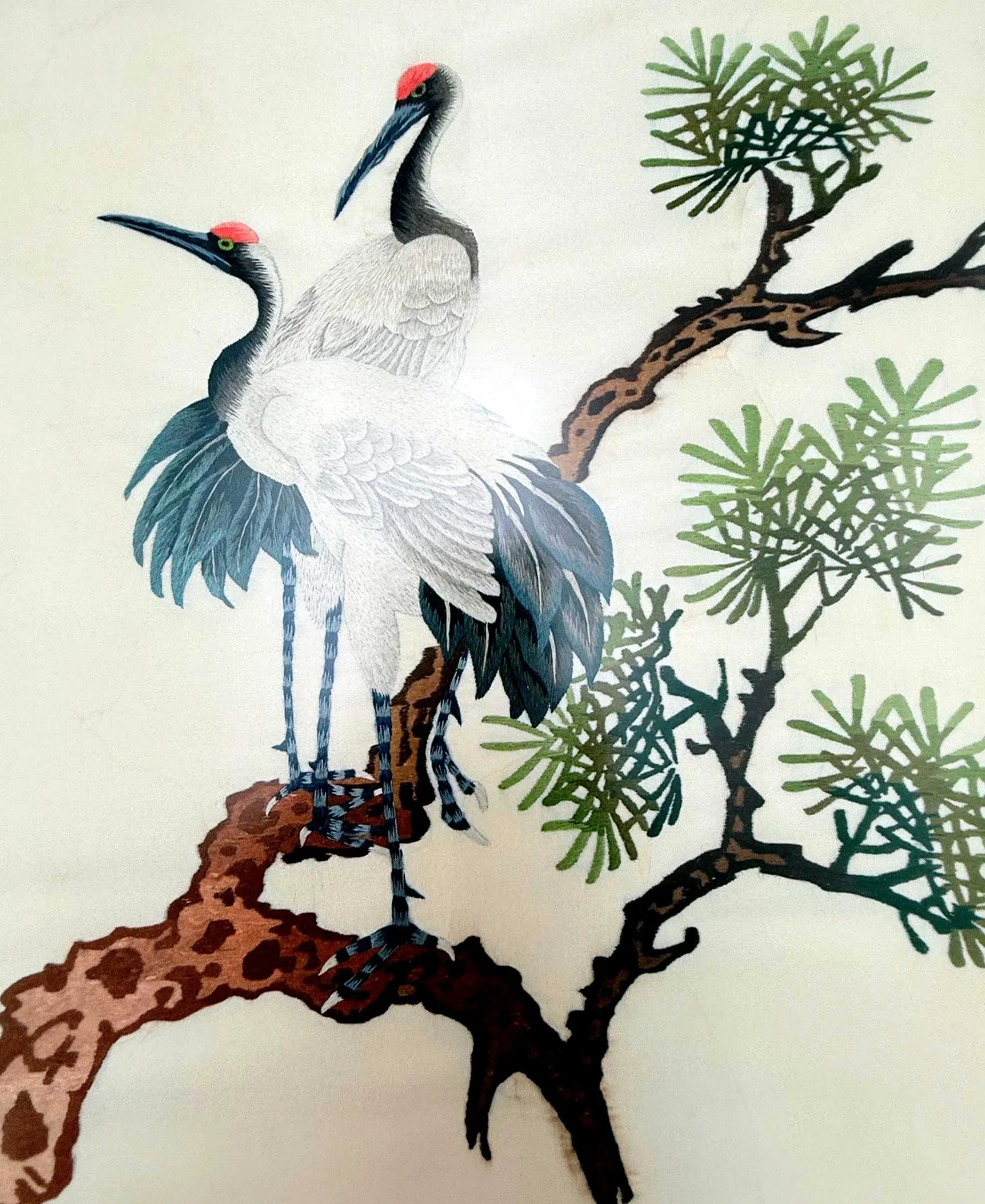 VINTAGE ASIAN EMBROIDERED SILK WALL ART SET OF 3 | FRAMED PEACOCK & CRANE CHINOISERIE TEXTILE PANELS