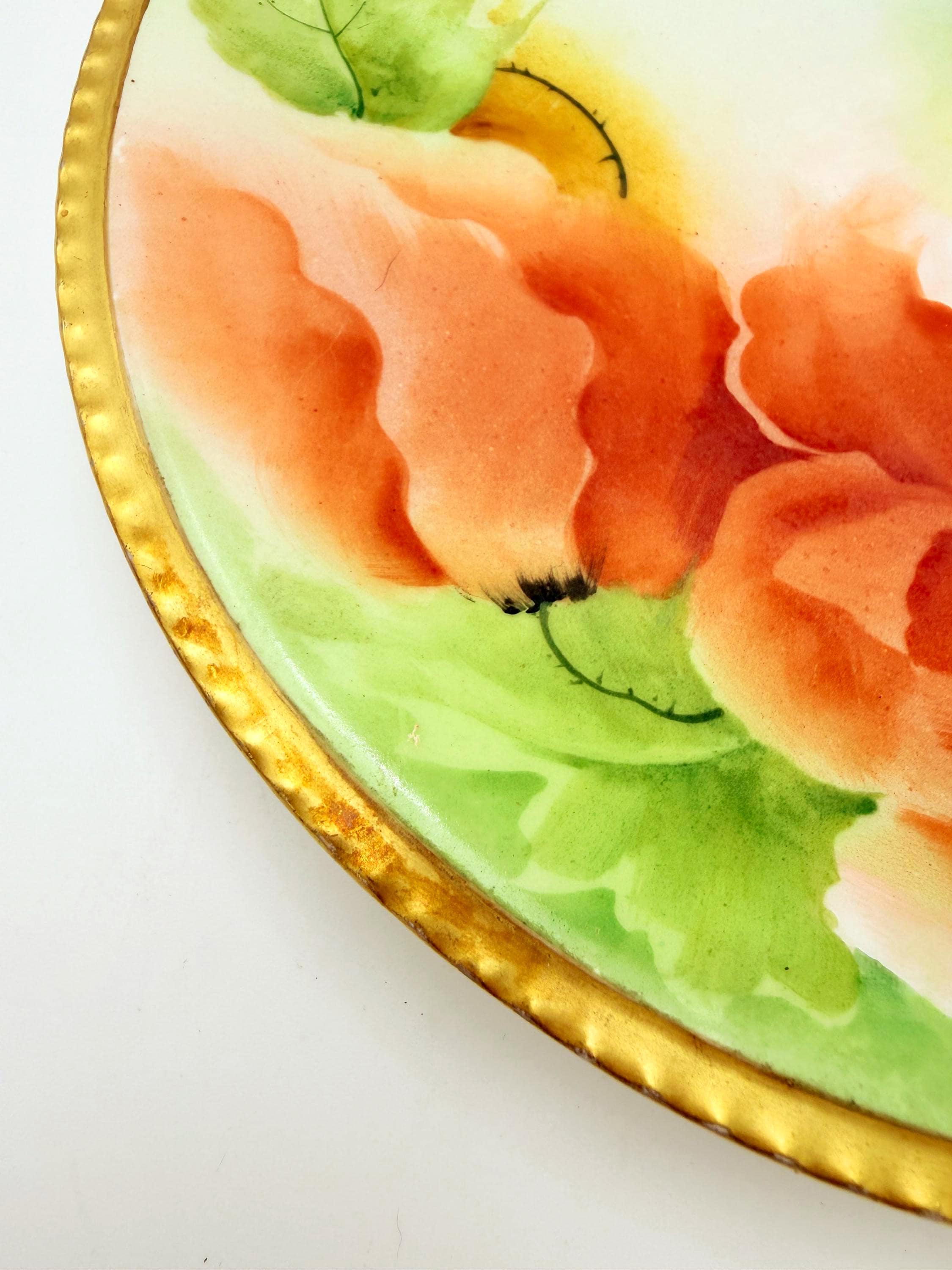 VINTAGE RICHARD GINORI HAND-PAINTED ITALIAN POPPY PORCELAIN CABINET PLATE WITH RAISED GILT RIM