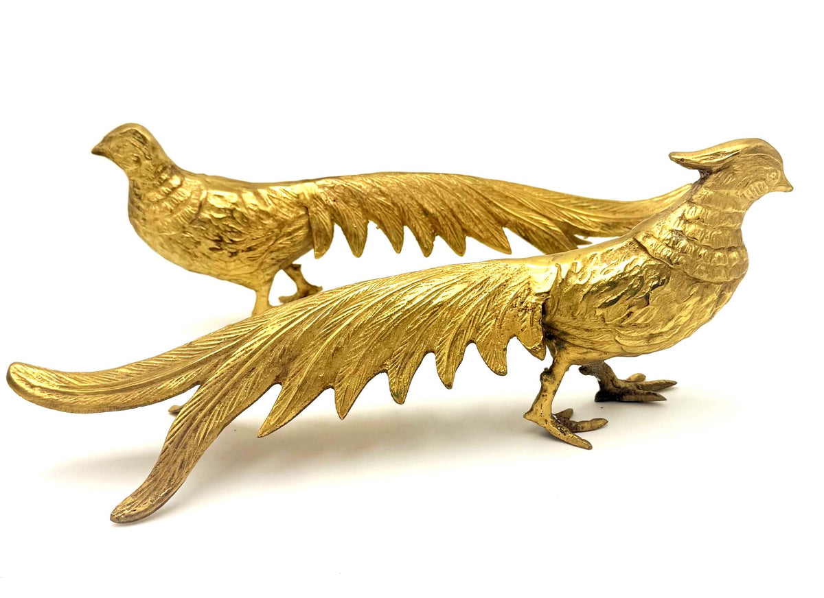 Vintage Brass Pheasant Pair, Large Long Tail Bird Sculptures, Hollywood Regency Decor, Grandmillennial Brass Birds, 1970s 1980s
