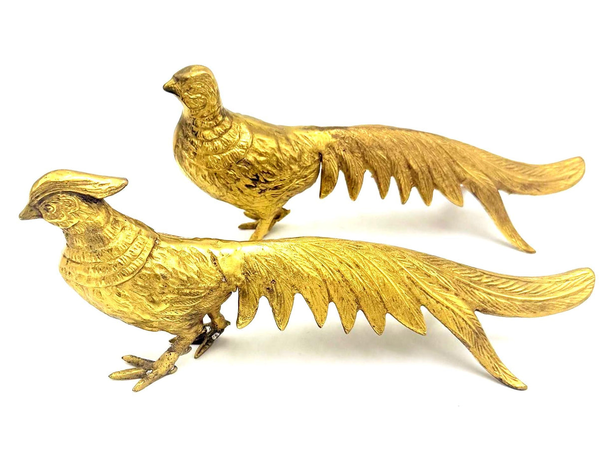 Vintage Brass Pheasant Pair, Large Long Tail Bird Sculptures, Hollywood Regency Decor, Grandmillennial Brass Birds, 1970s 1980s