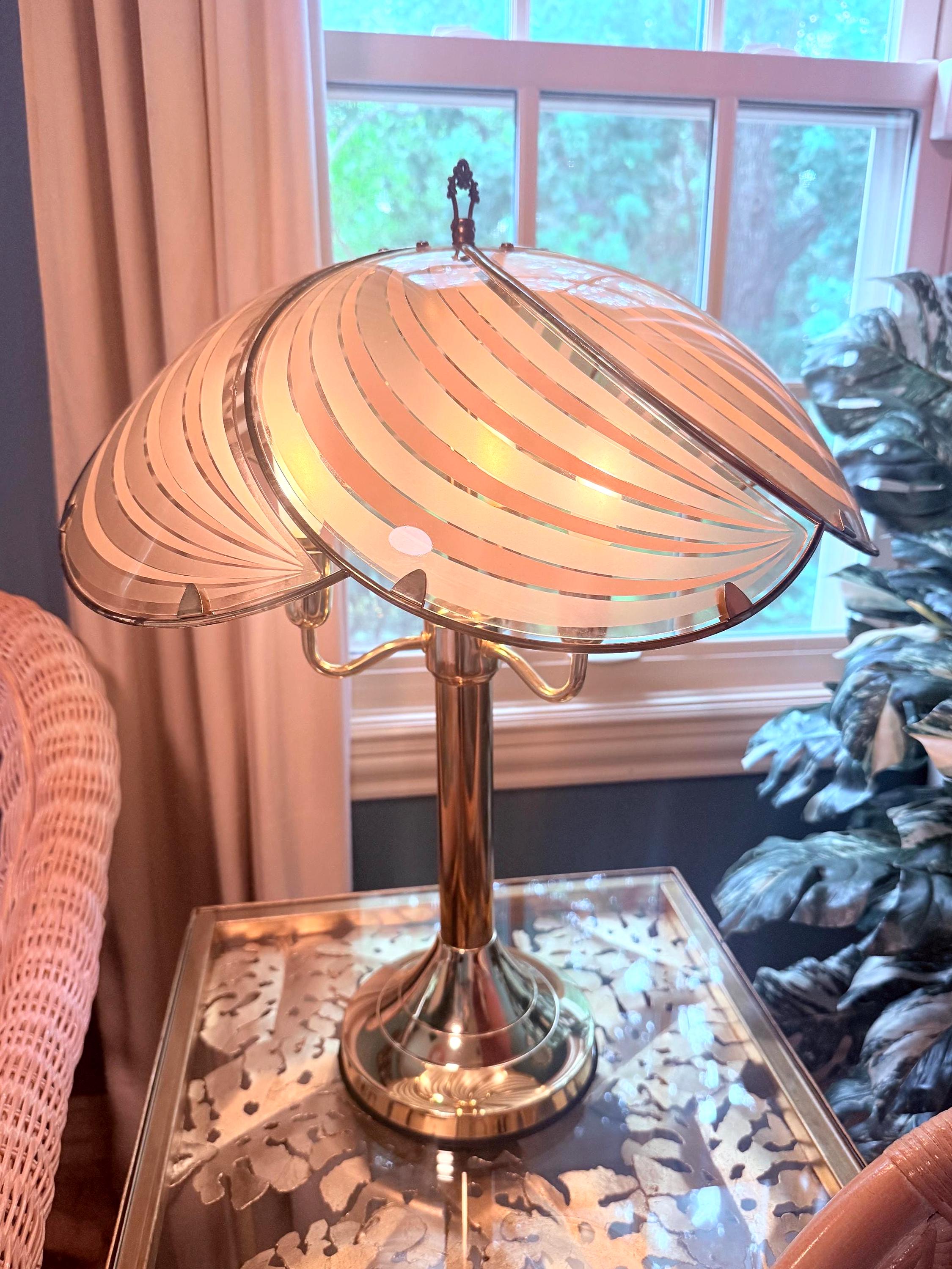 Vintage Rose Gold Touch Lamp, Palm Beach Regency Glass Table Lamp, 1980s Hollywood Regency Three Light Lamp