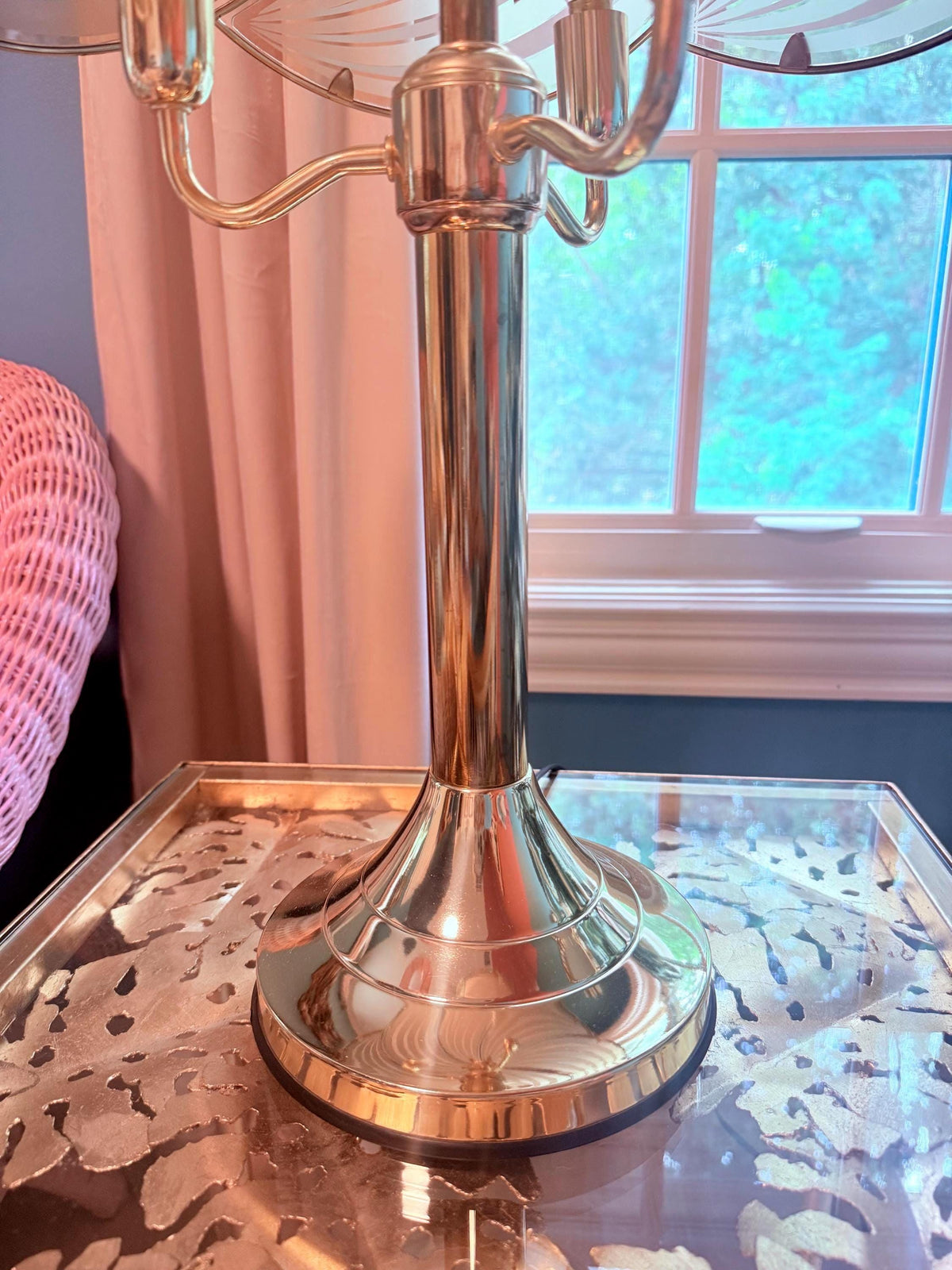 Vintage Rose Gold Touch Lamp, Palm Beach Regency Glass Table Lamp, 1980s Hollywood Regency Three Light Lamp
