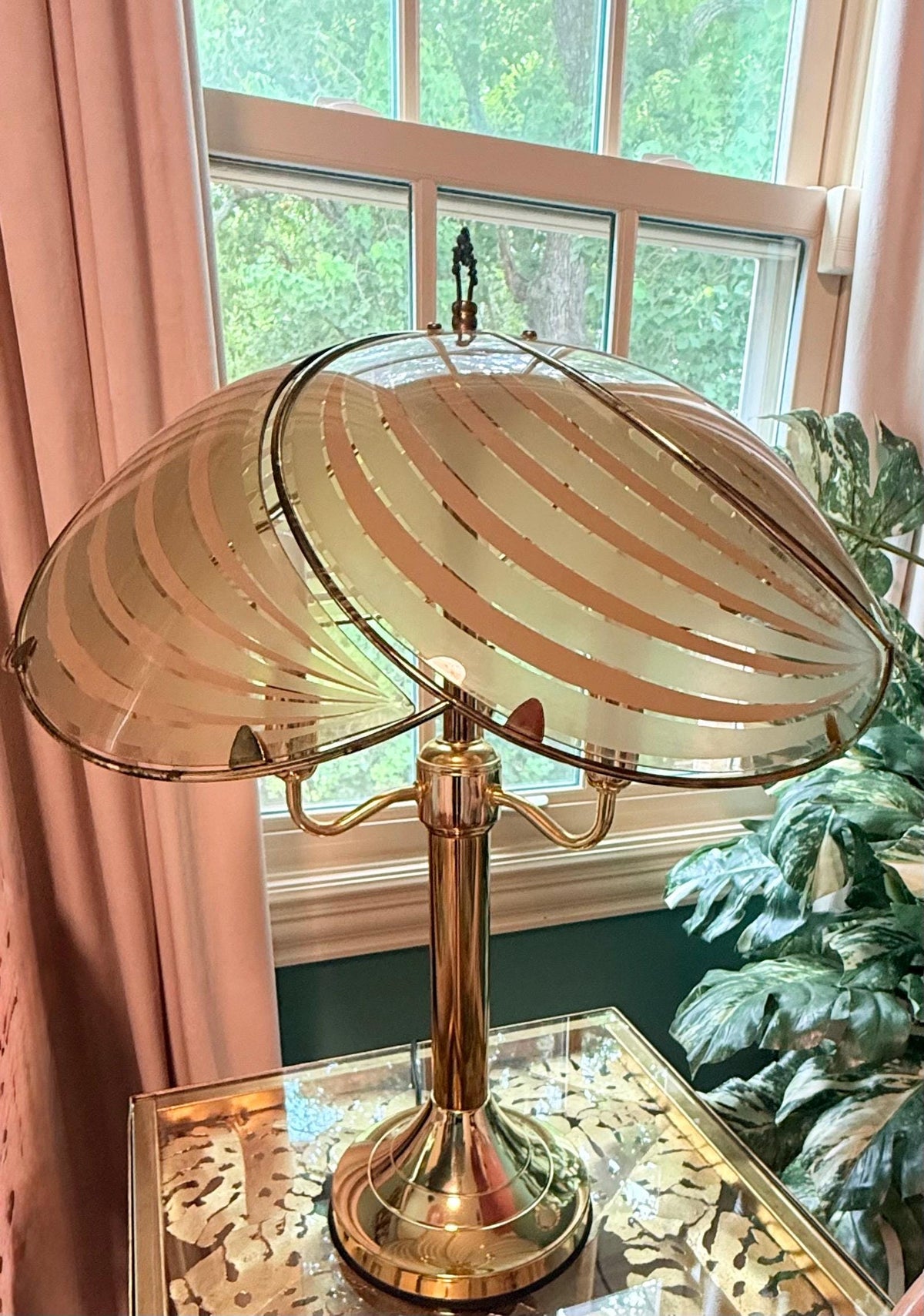 Vintage Rose Gold Touch Lamp, Palm Beach Regency Glass Table Lamp, 1980s Hollywood Regency Three Light Lamp