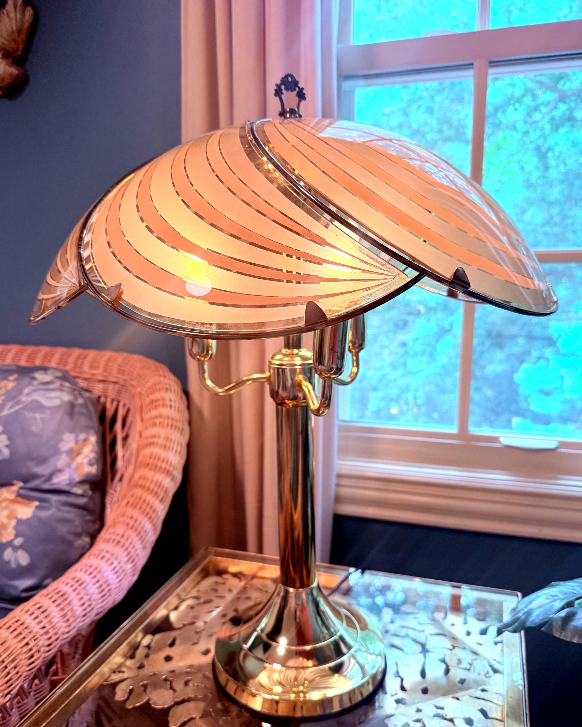 Vintage Rose Gold Touch Lamp, Palm Beach Regency Glass Table Lamp, 1980s Hollywood Regency Three Light Lamp