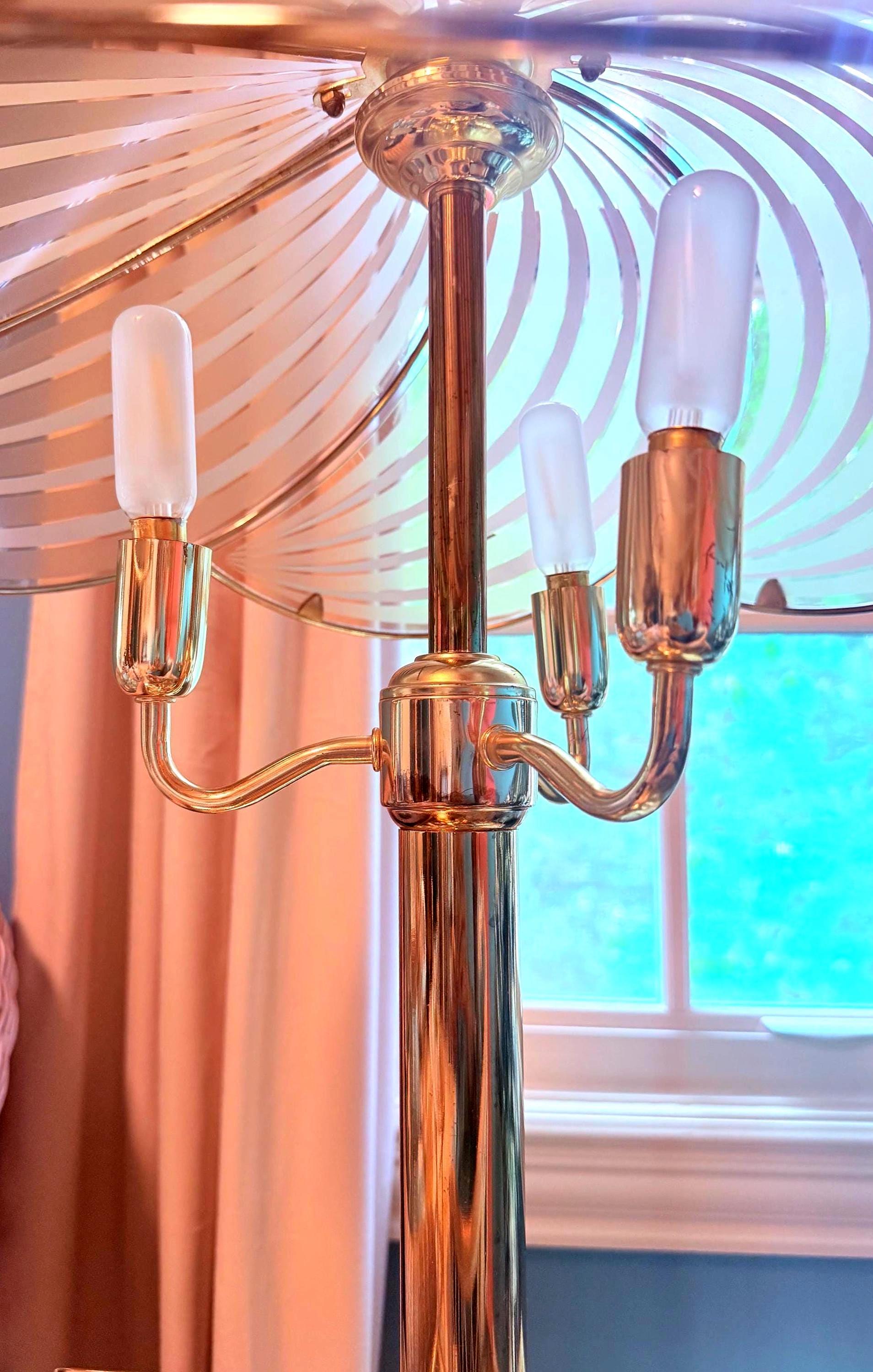 Vintage Rose Gold Touch Lamp, Palm Beach Regency Glass Table Lamp, 1980s Hollywood Regency Three Light Lamp