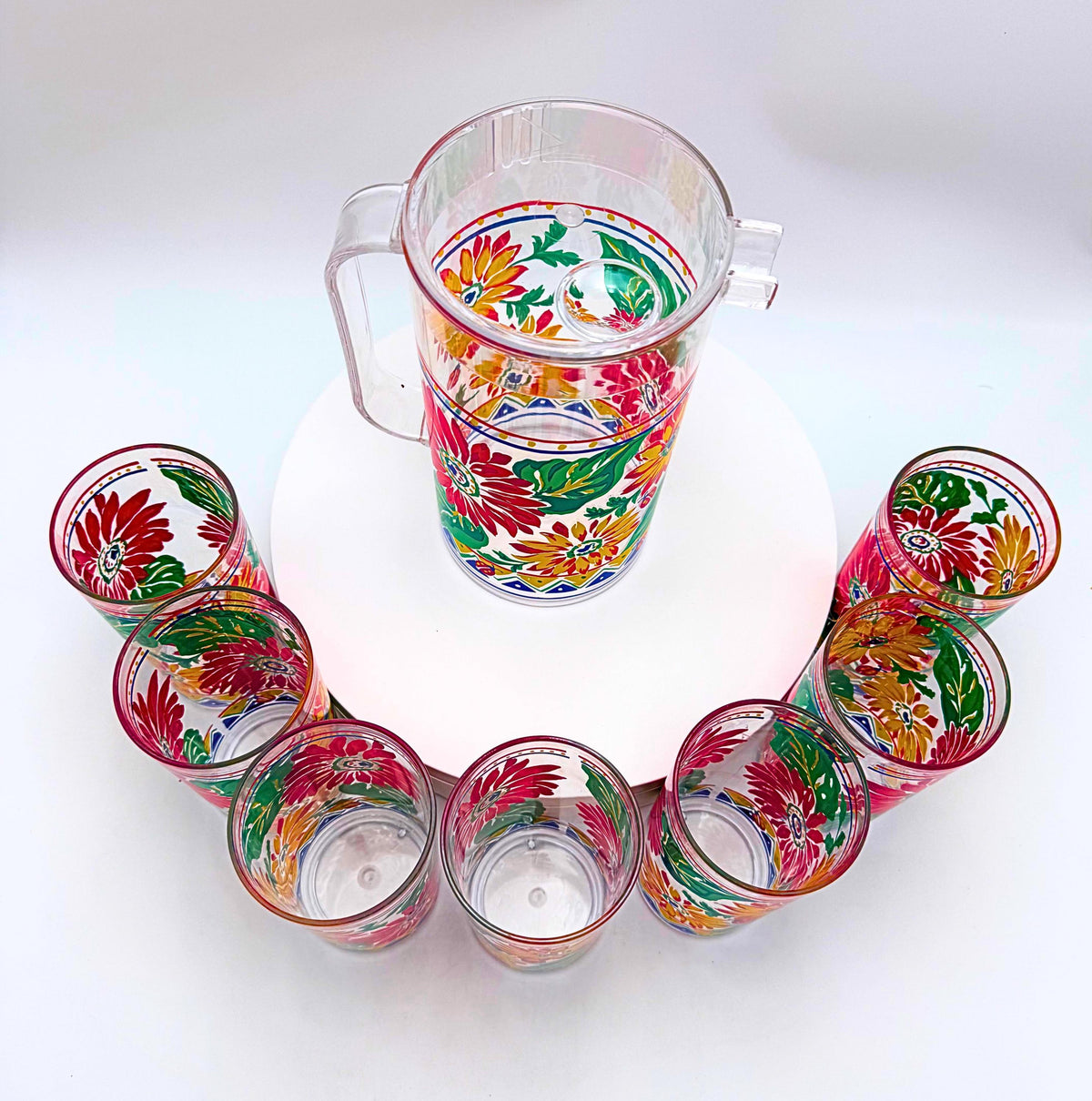 Vintage 1990s Floral Ladybug Acrylic Pitcher & 7 Tumblers 8 Piece Set