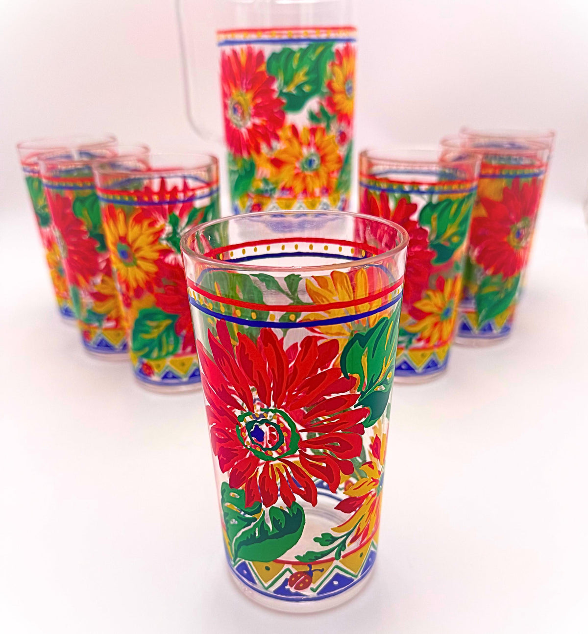 Vintage 1990s Floral Ladybug Acrylic Pitcher & 7 Tumblers 8 Piece Set