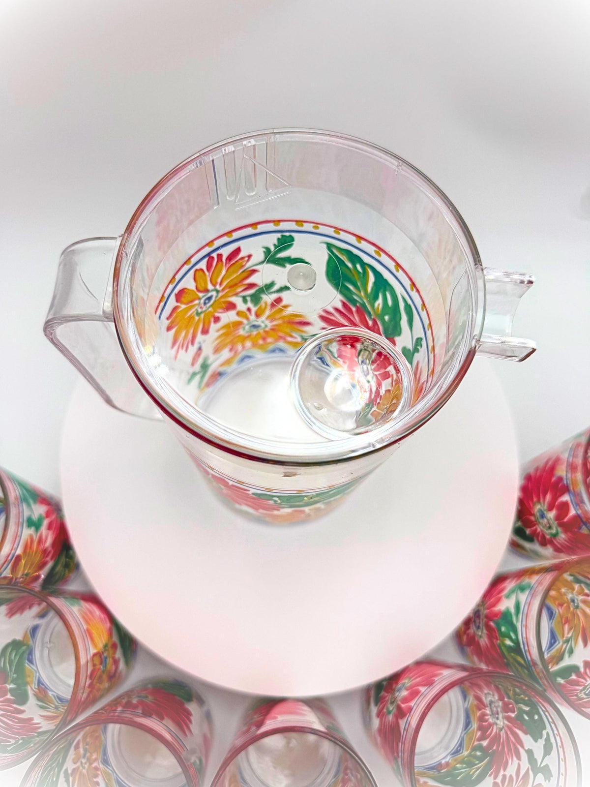 Vintage 1990s Floral Ladybug Acrylic Pitcher & 7 Tumblers 8 Piece Set