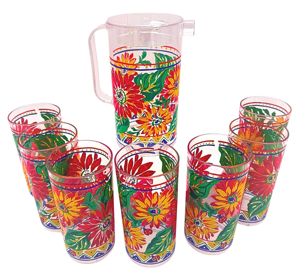 Vintage 1990s Floral Ladybug Acrylic Pitcher & 7 Tumblers 8 Piece Set
