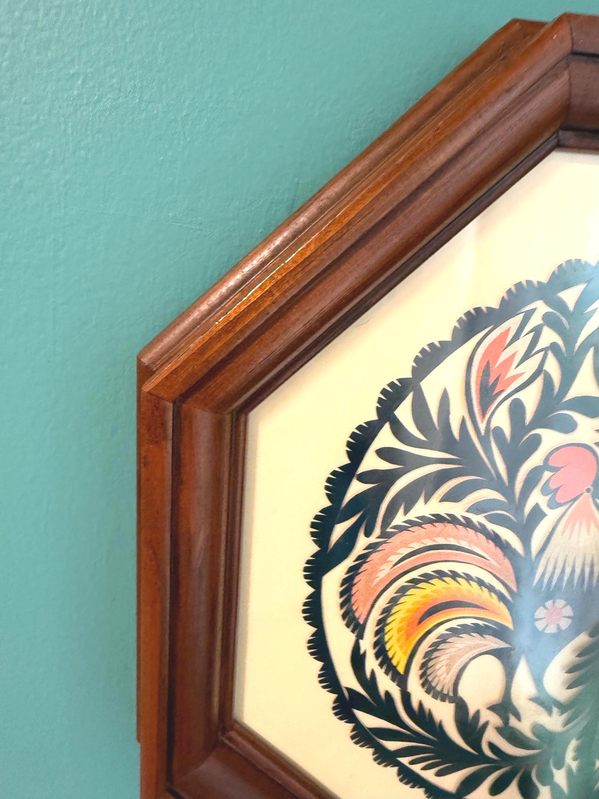Vintage Polish Wycinanki Rooster Folk Art Framed Paper Cutting, Octagonal Wood Frame, 1970s European Wall Art